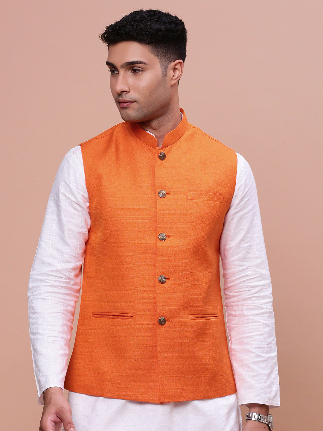 Men Solid Orange Slim Fit Nehru Jacket