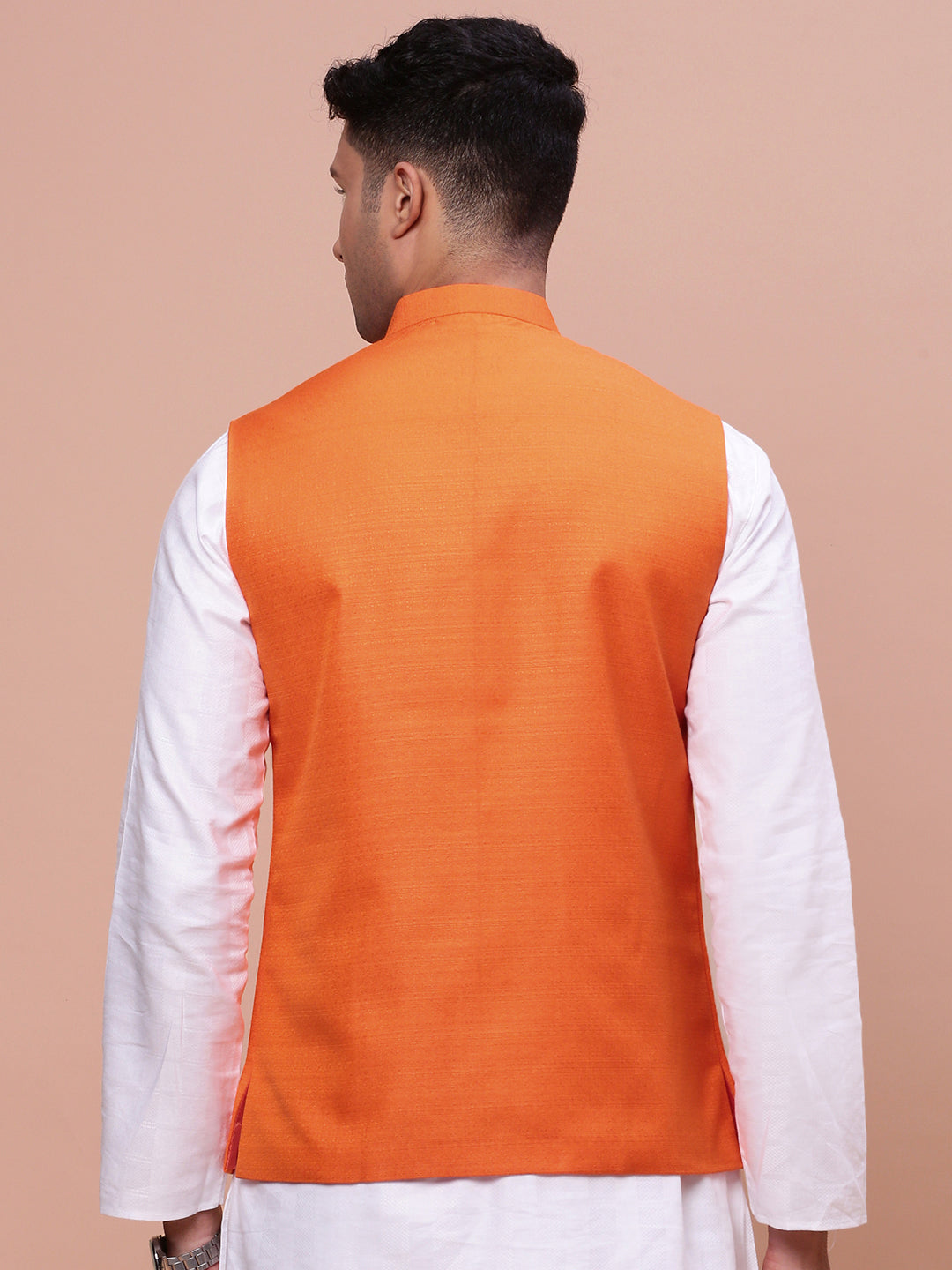 Men Solid Orange Slim Fit Nehru Jacket