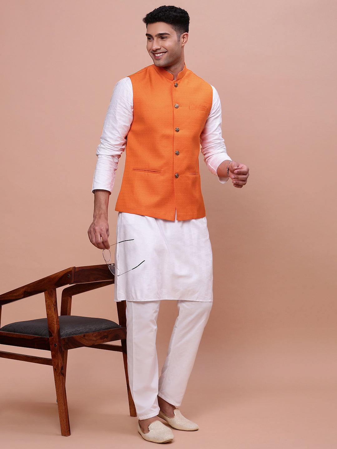 Men Solid Orange Slim Fit Nehru Jacket