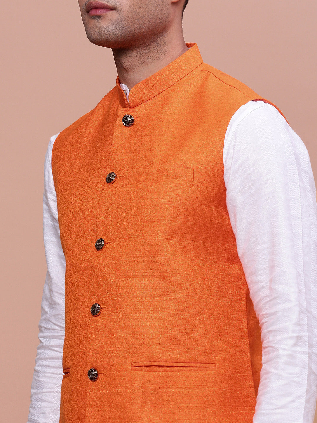 Men Solid Orange Slim Fit Nehru Jacket