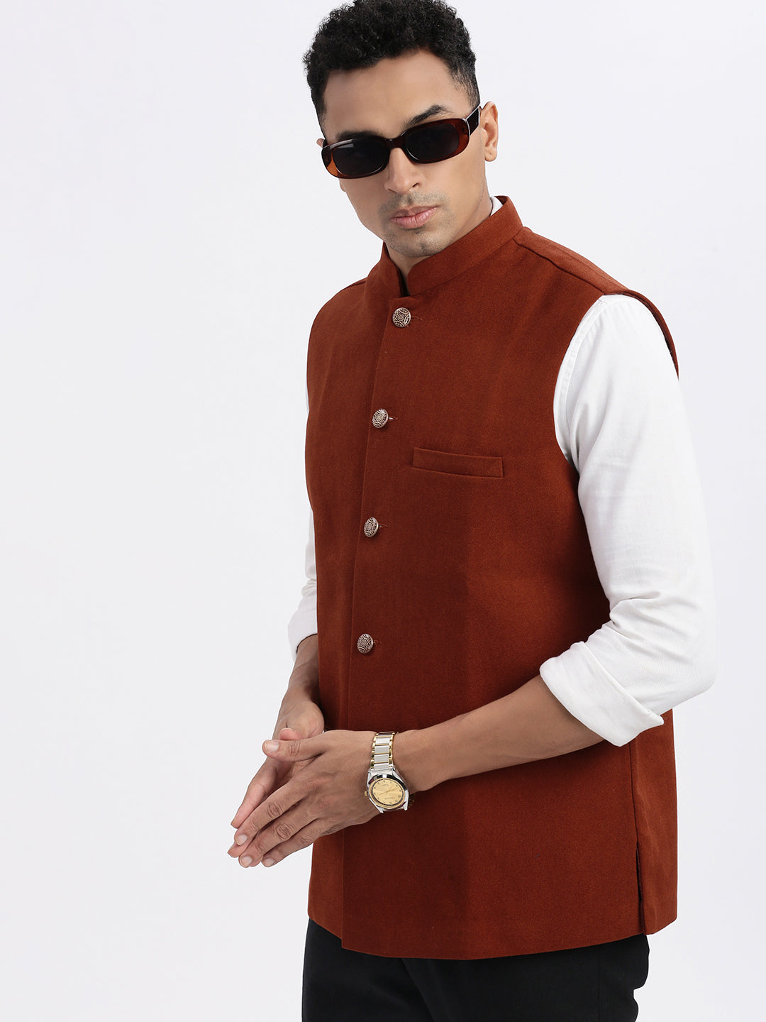 Men Brown Solid Nehru Jacket