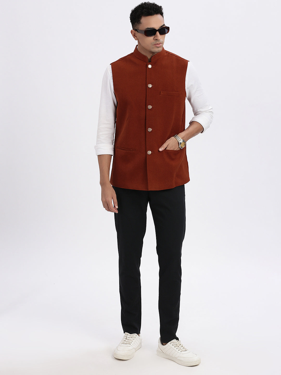 Men Brown Solid Nehru Jacket