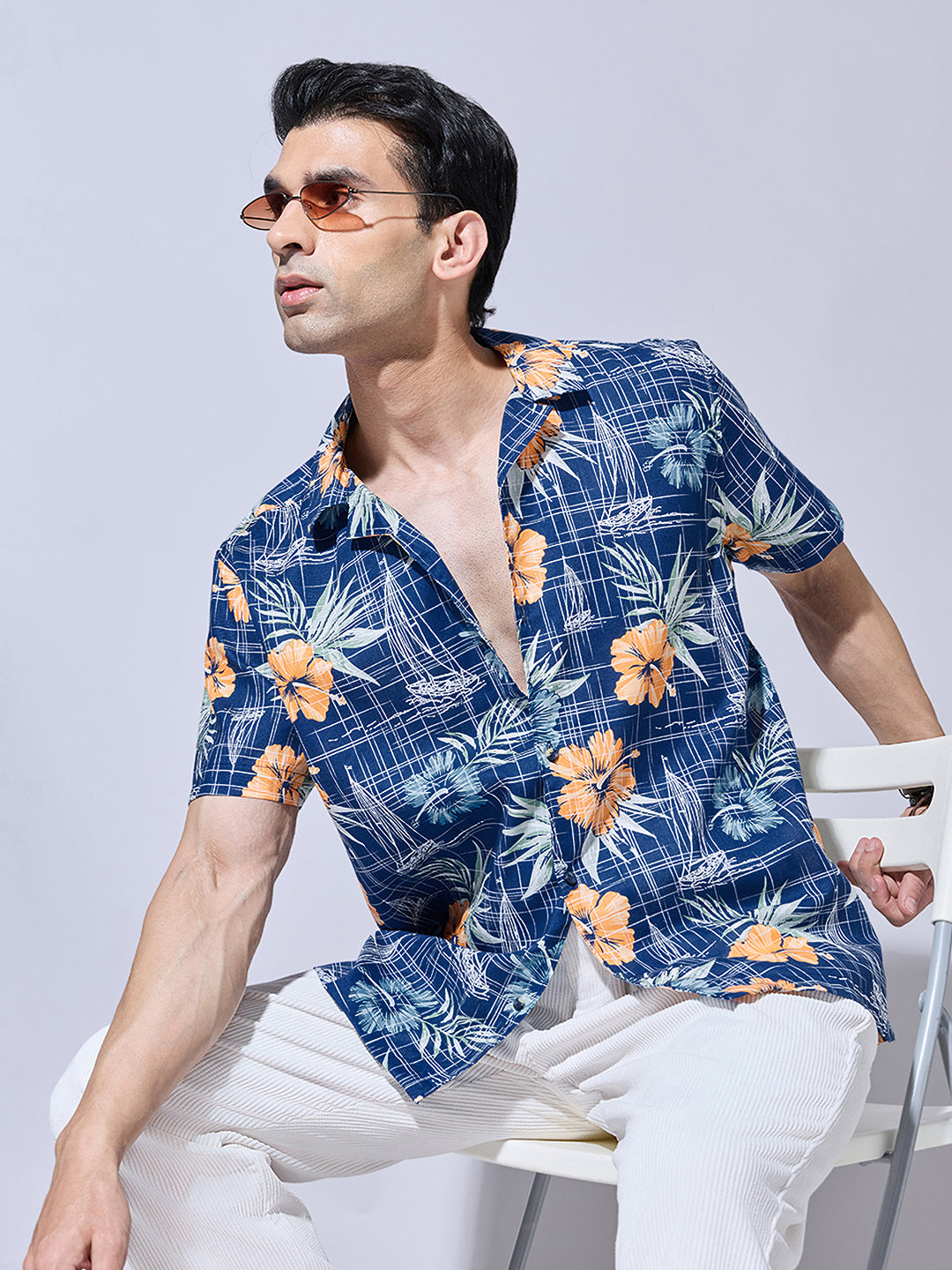 Men's Floral Print Blue Cuban Collar Shirt