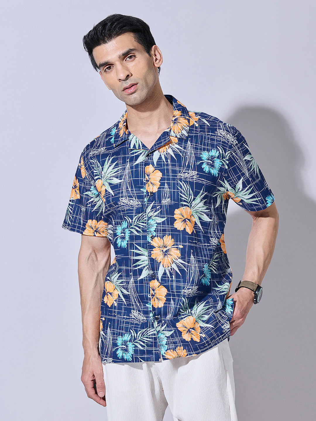 Men's Floral Print Blue Cuban Collar Shirt