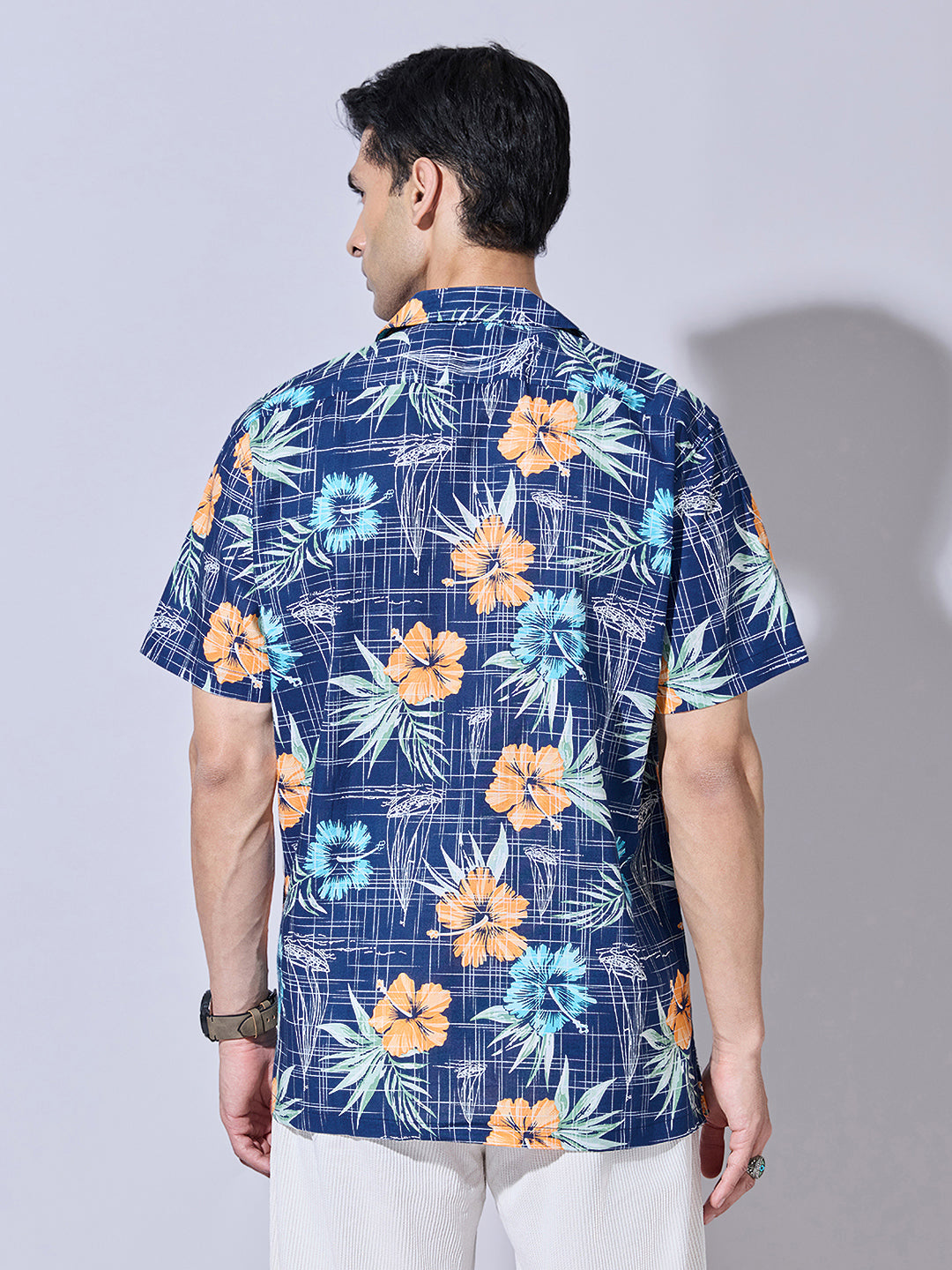 Men's Floral Print Blue Cuban Collar Shirt
