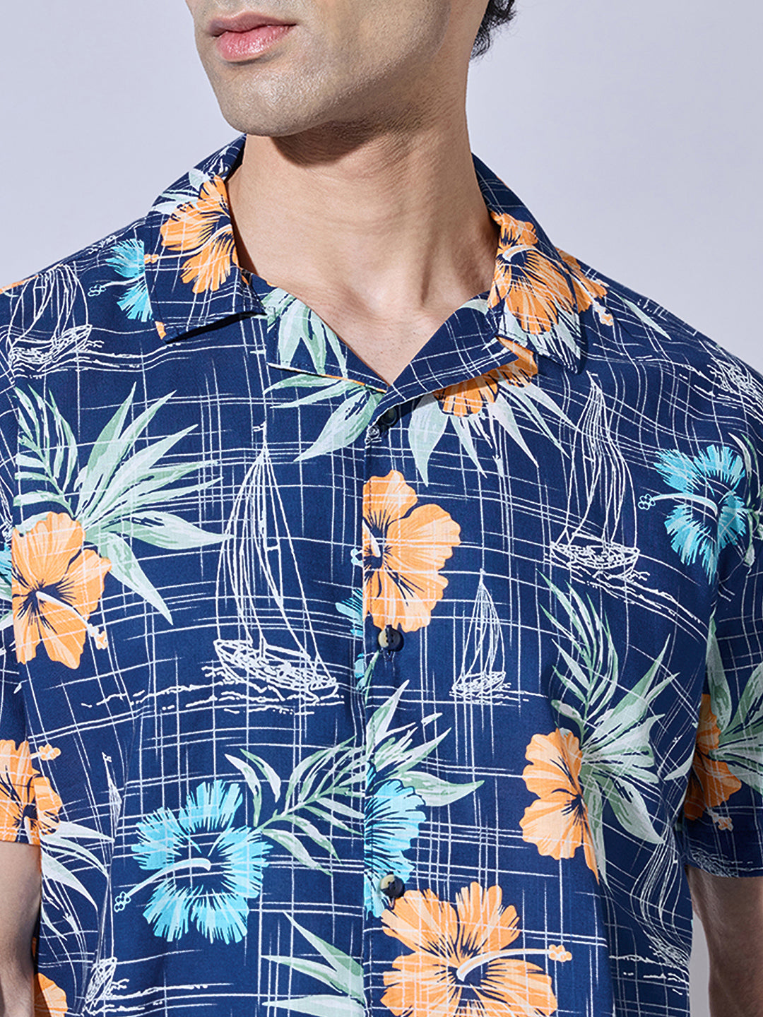 Men's Floral Print Blue Cuban Collar Shirt