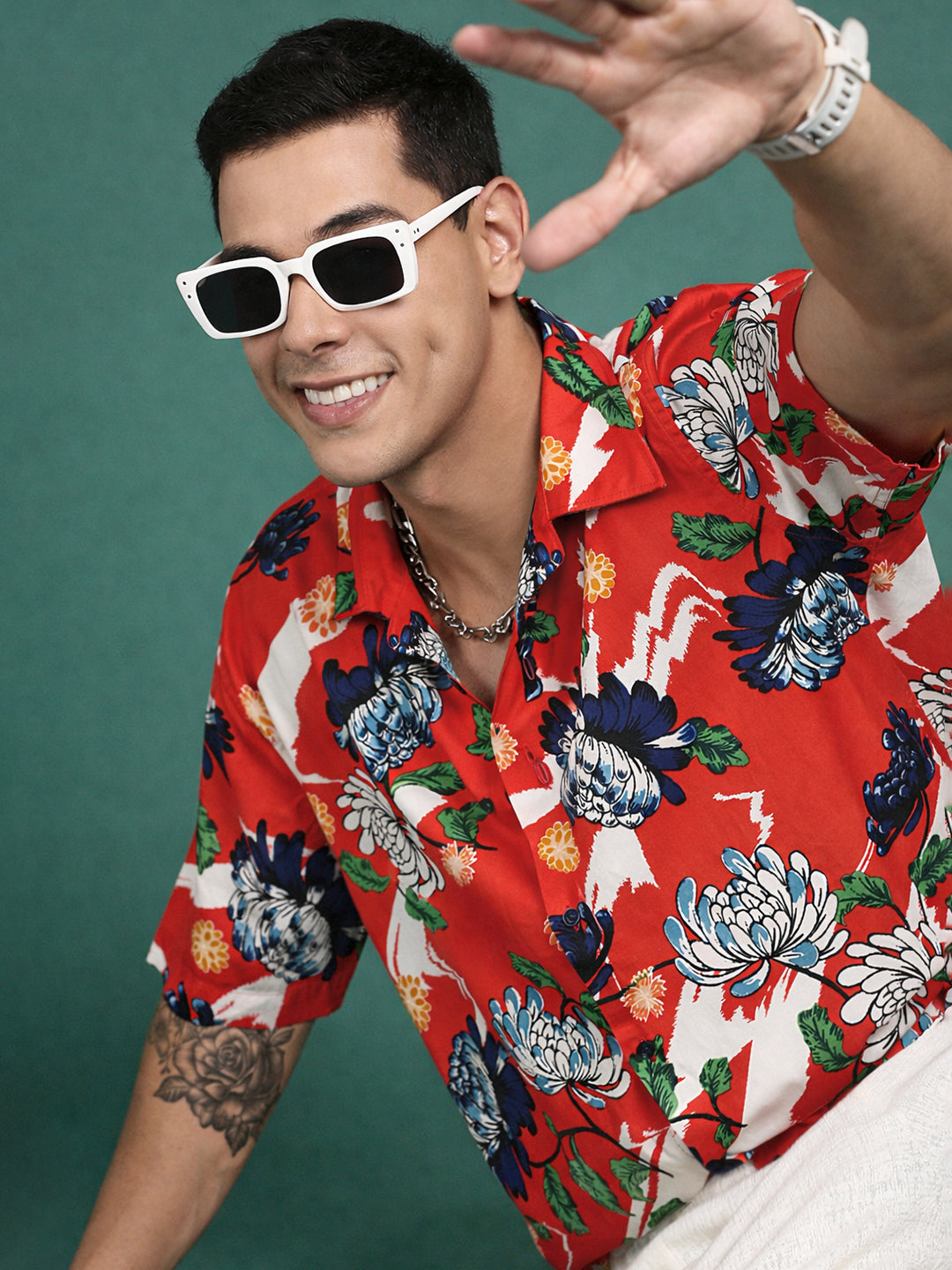 Men's Floral Print Orange Cuban Collar Shirt