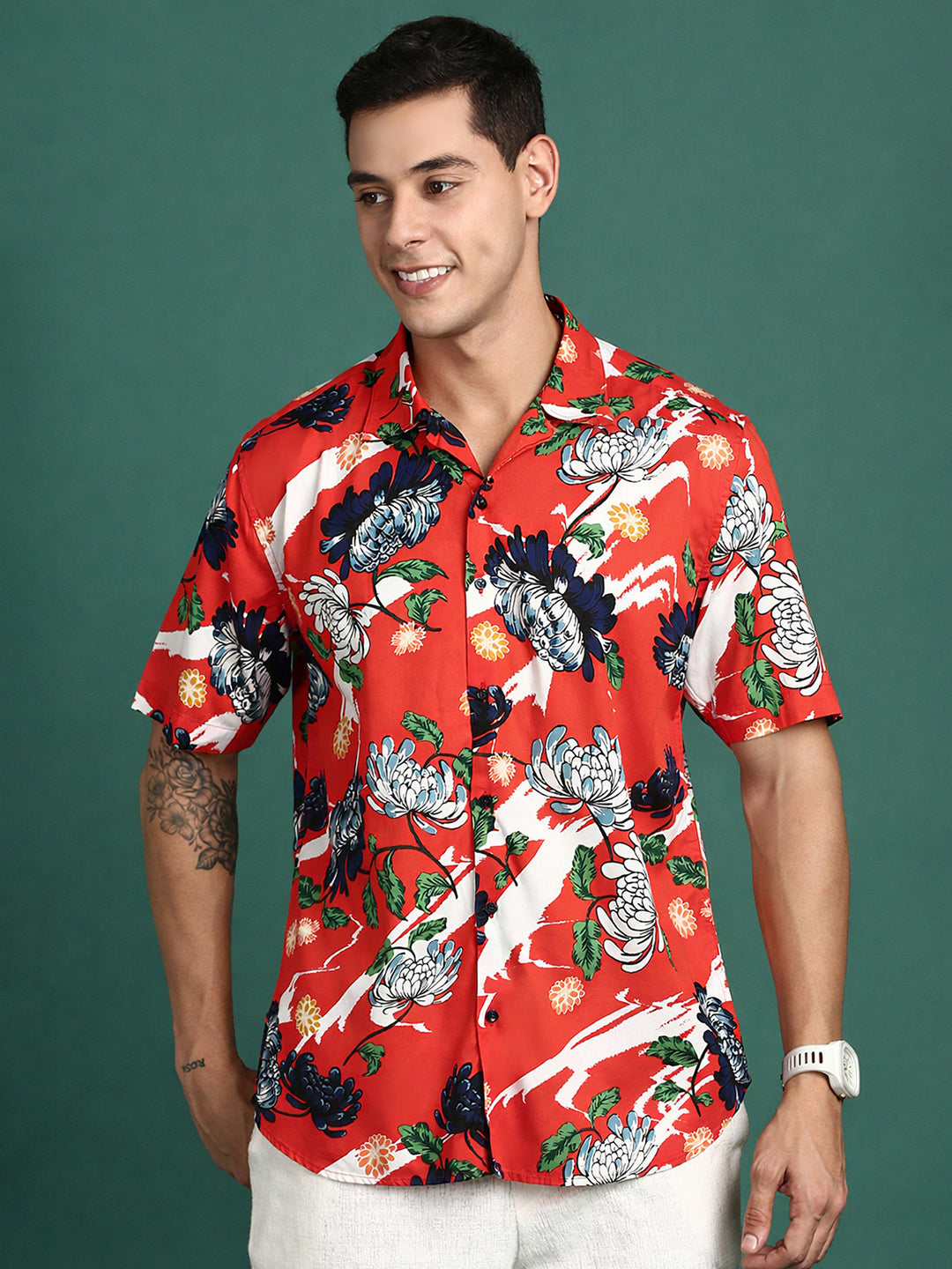 Men's Floral Print Orange Cuban Collar Shirt