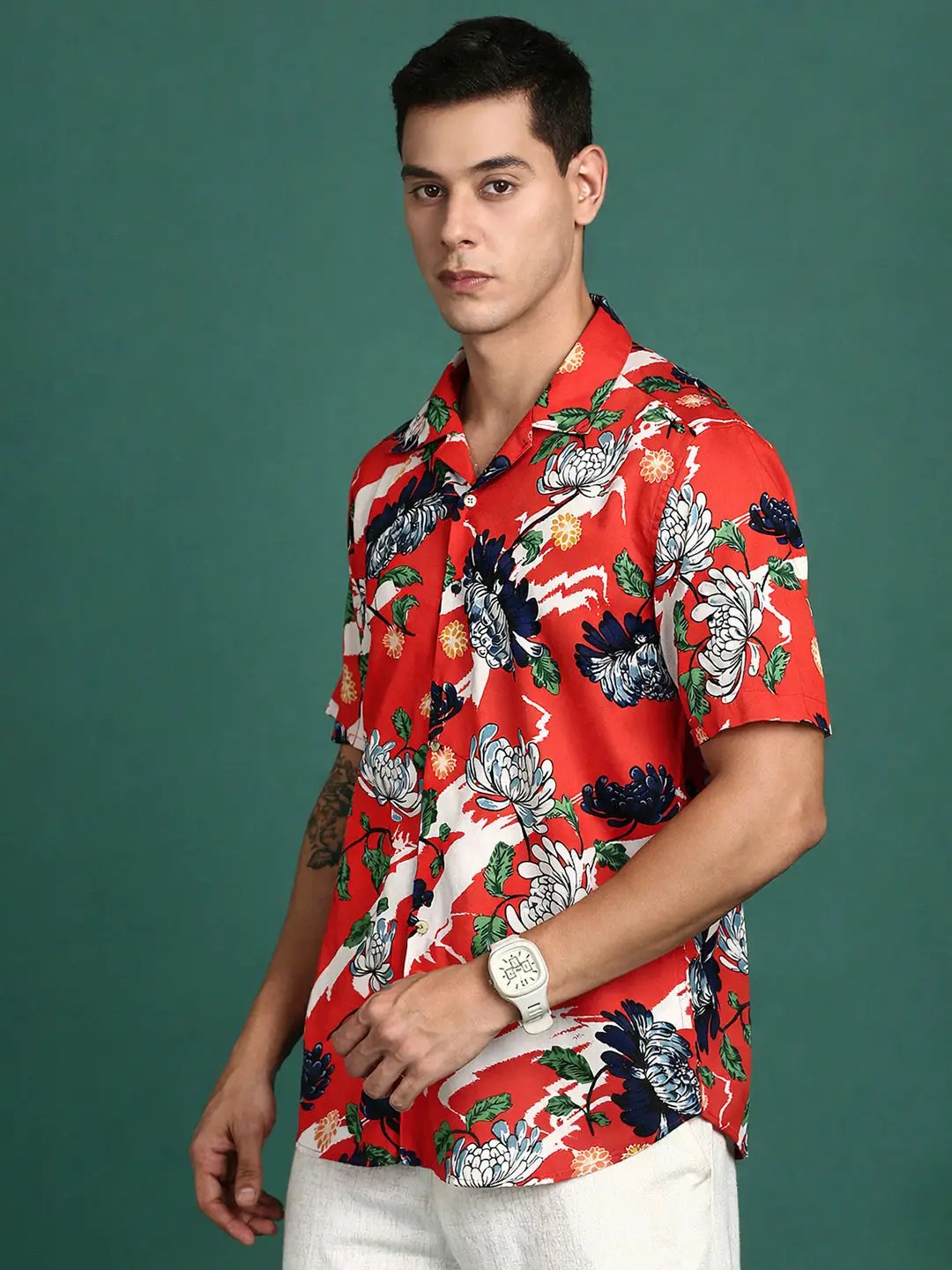 Men's Floral Print Orange Cuban Collar Shirt