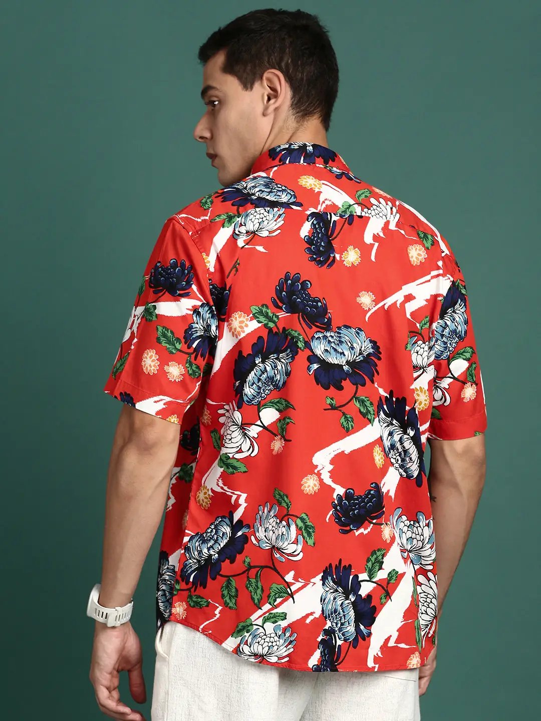 Men's Floral Print Orange Cuban Collar Shirt