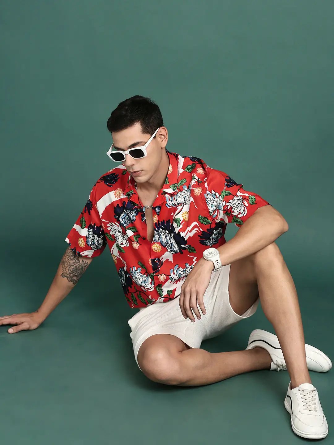 Men's Floral Print Orange Cuban Collar Shirt