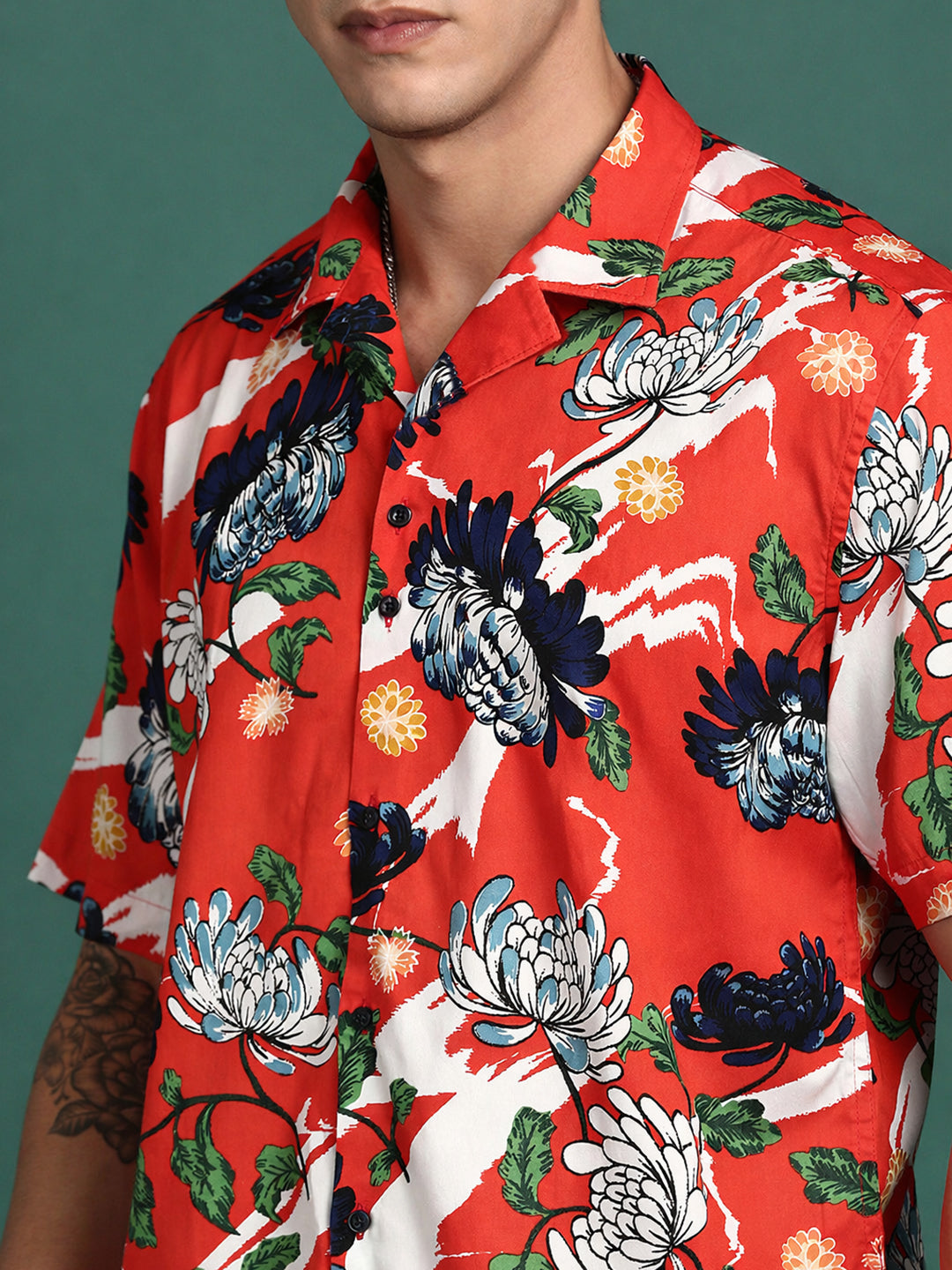 Men's Floral Print Orange Cuban Collar Shirt