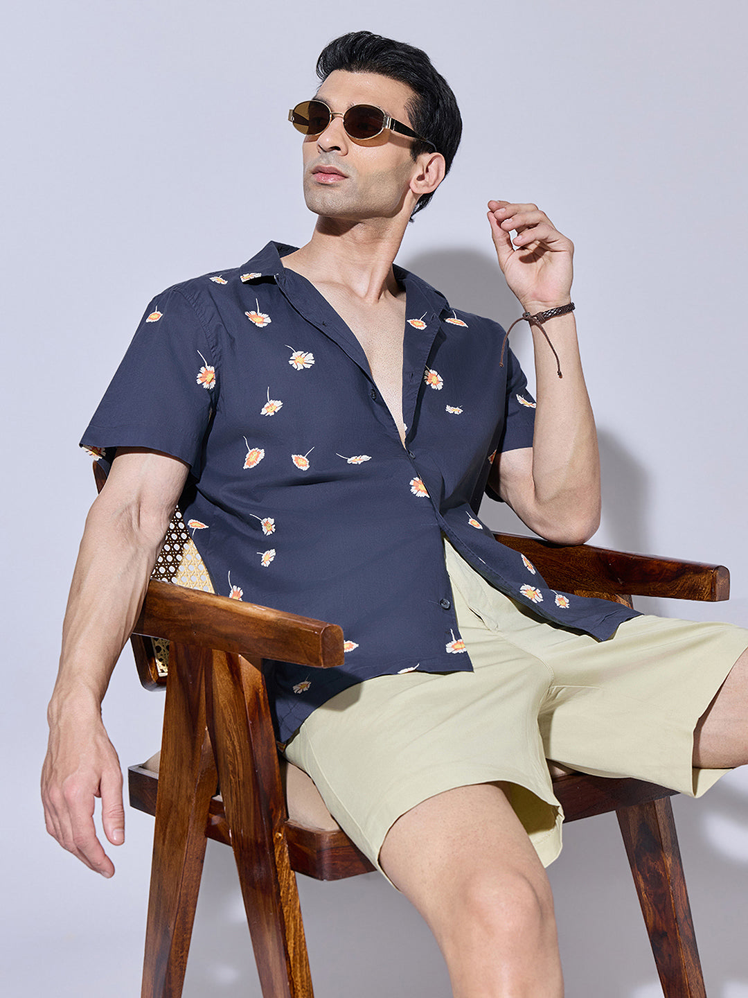 Men's Floral Print Grey Cuban Collar Shirt