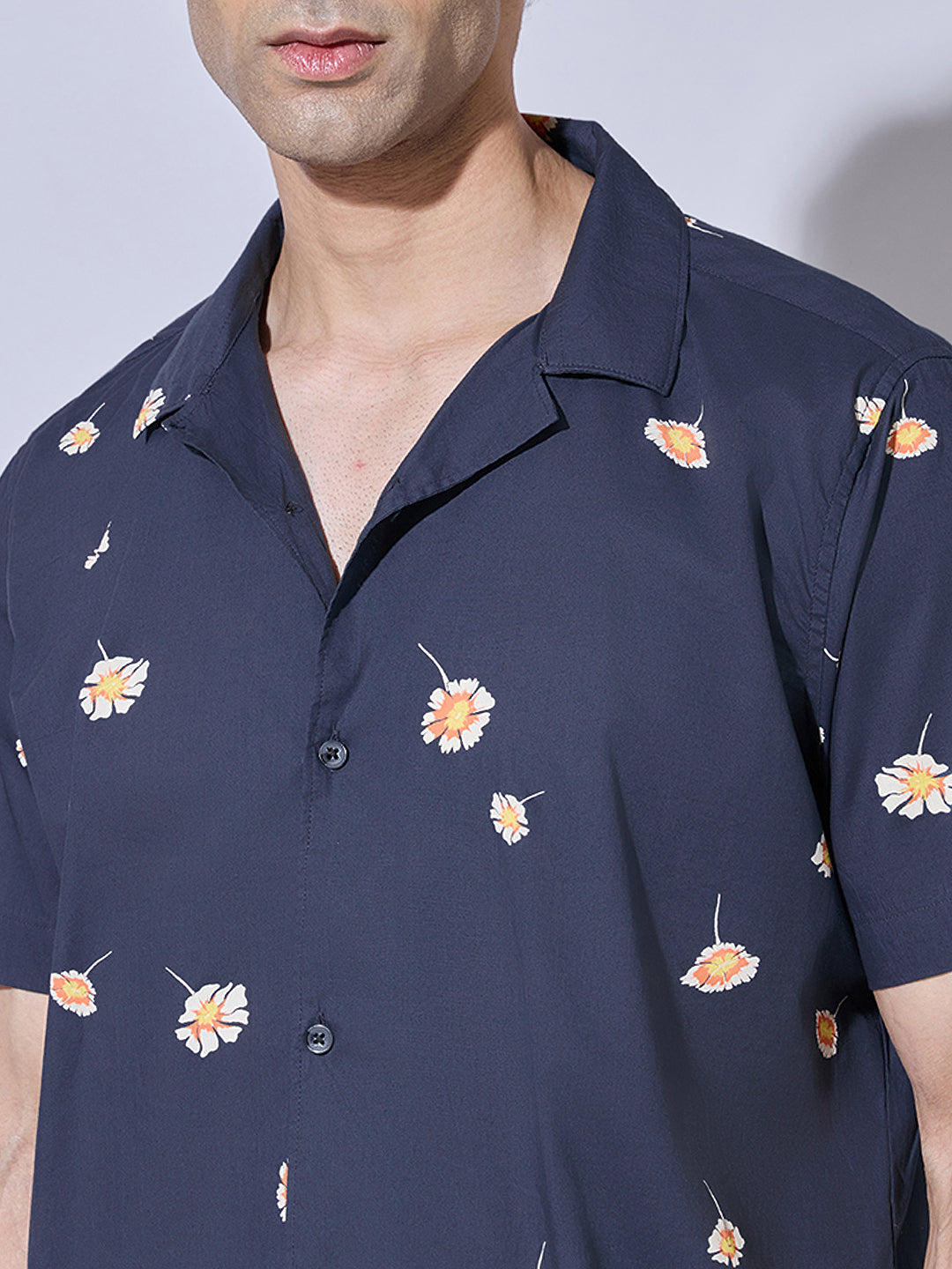 Men's Floral Print Grey Cuban Collar Shirt