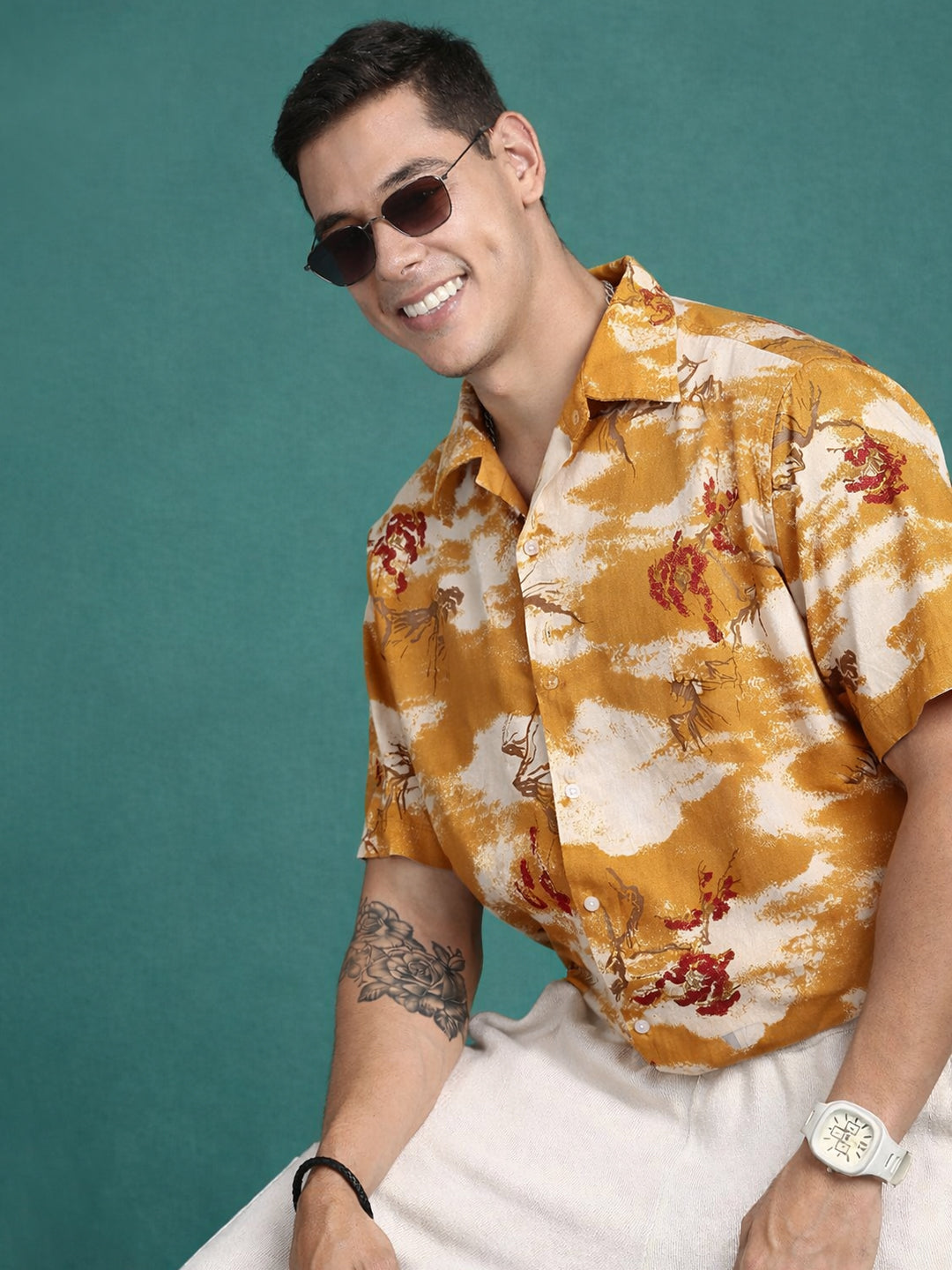 Men's Floral Print Mustard Cuban Collar Shirt