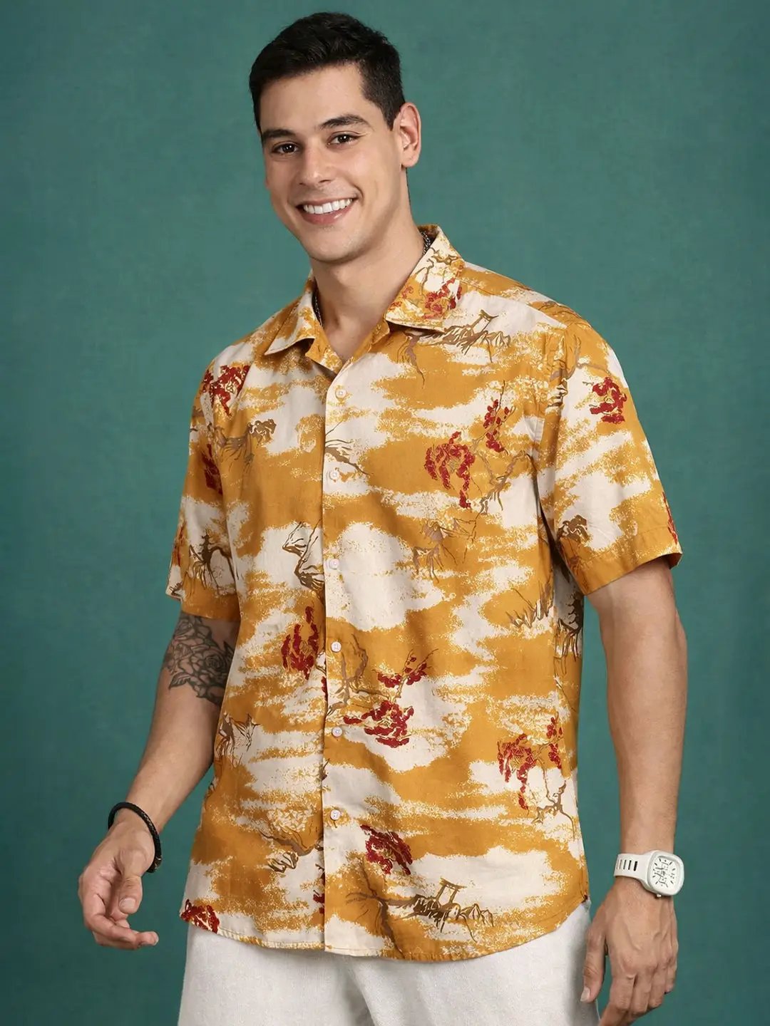 Men's Floral Print Mustard Cuban Collar Shirt