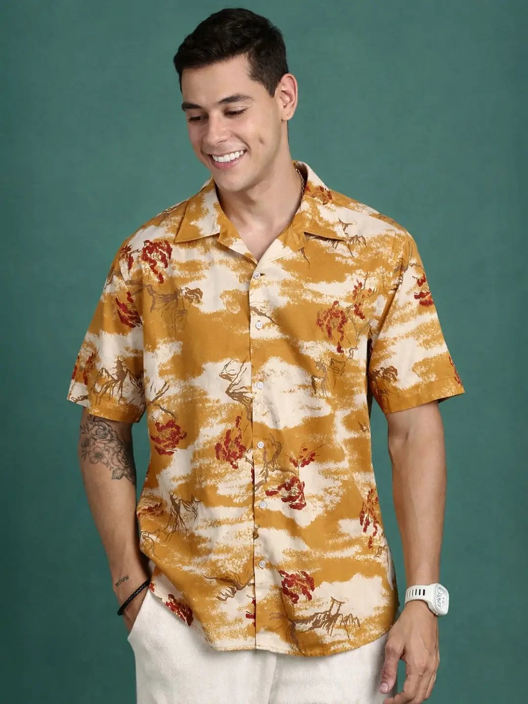 Men's Floral Print Mustard Cuban Collar Shirt