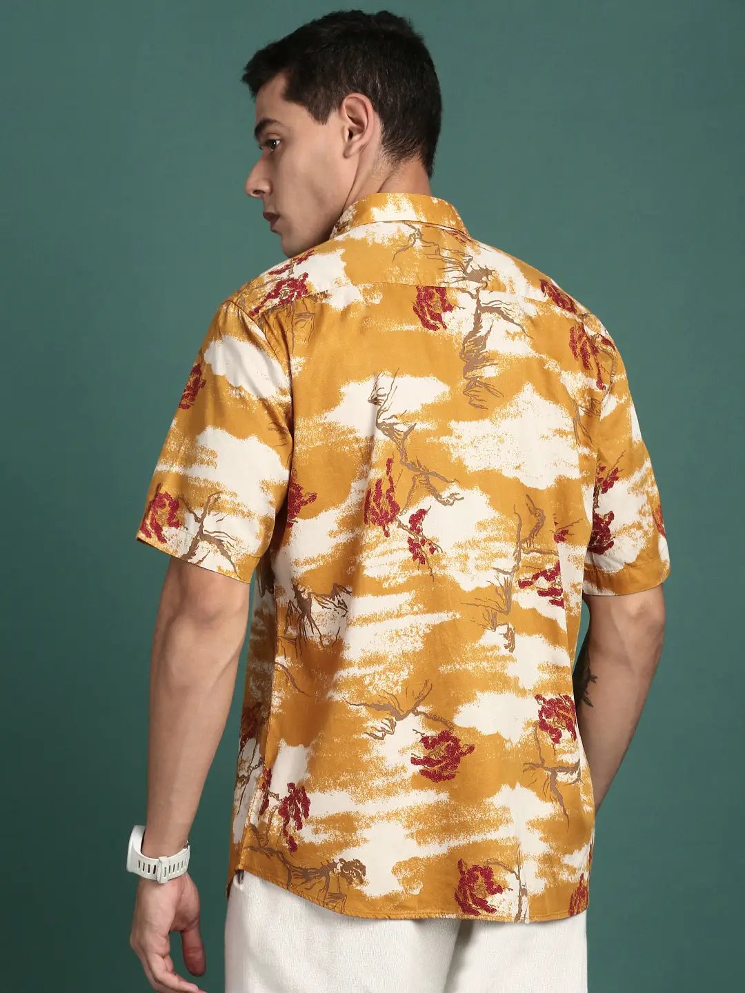 Men's Floral Print Mustard Cuban Collar Shirt