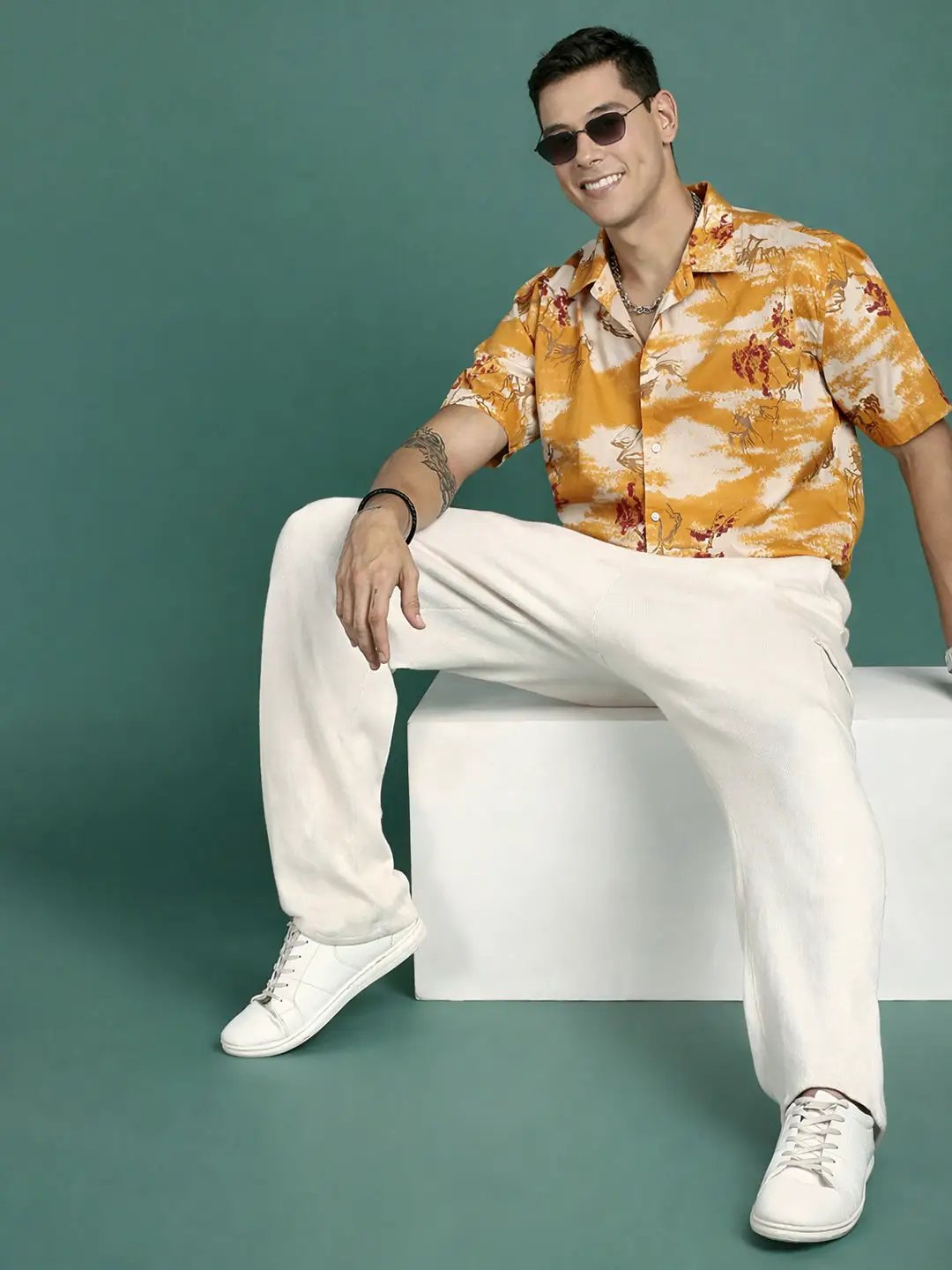 Men's Floral Print Mustard Cuban Collar Shirt