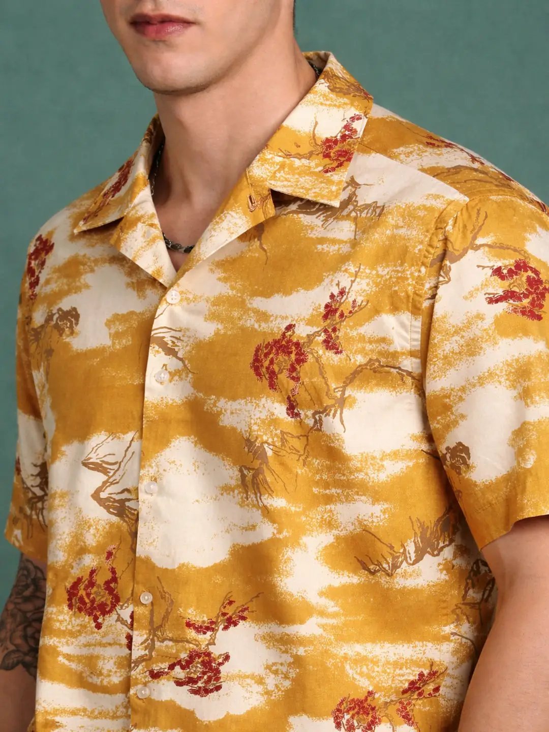 Men's Floral Print Mustard Cuban Collar Shirt