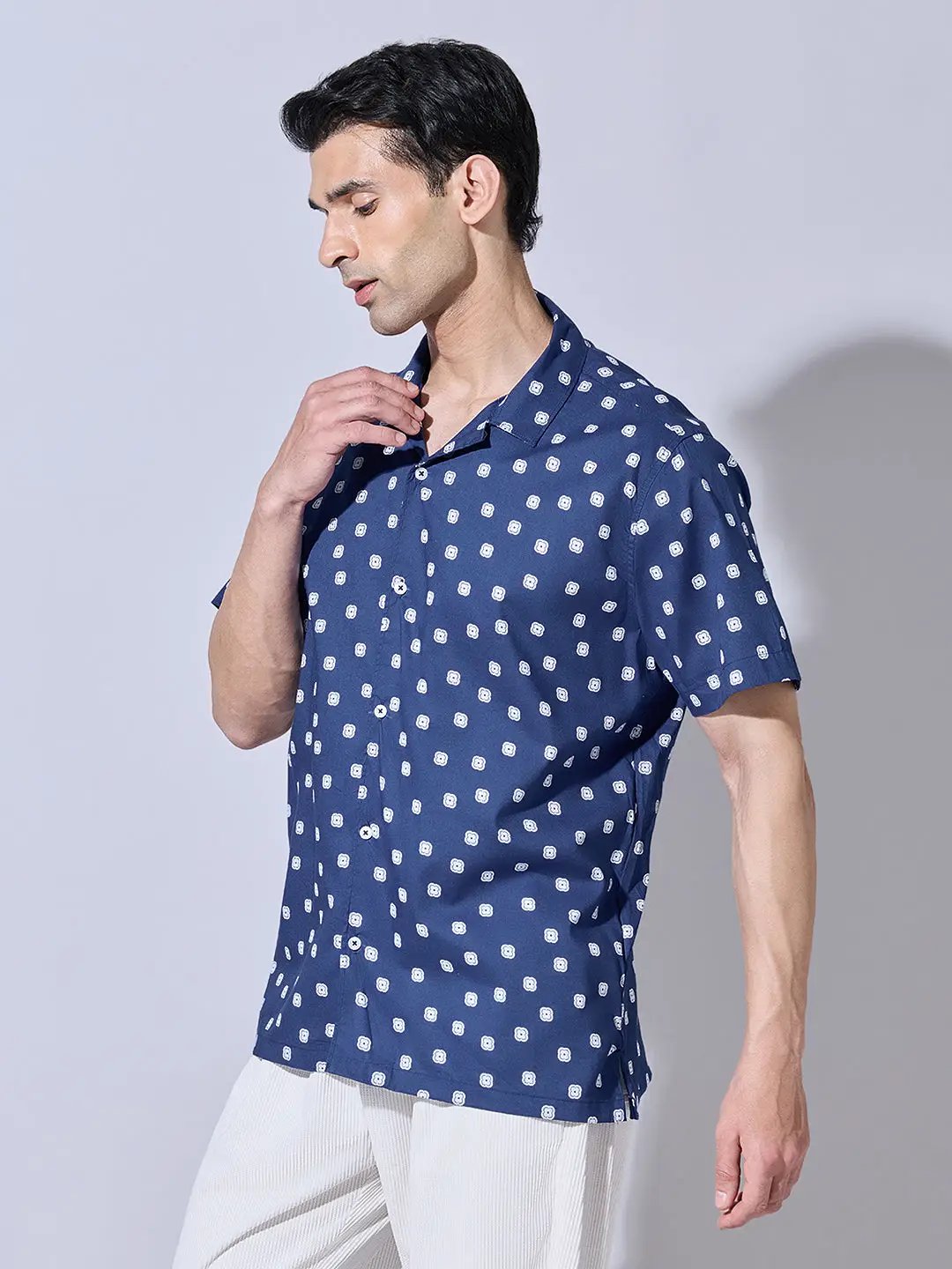 Men's Printed Blue Cuban Collar Shirt - from SHOWOFFFF