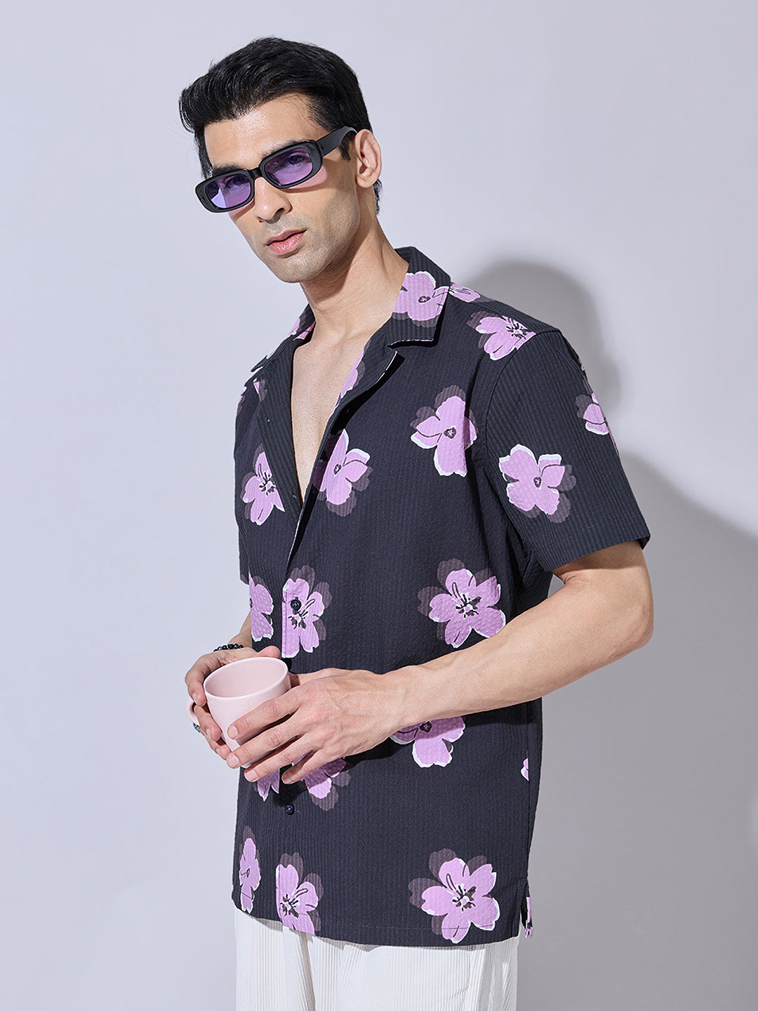 Men's Floral Print Black Cuban Collar Shirt