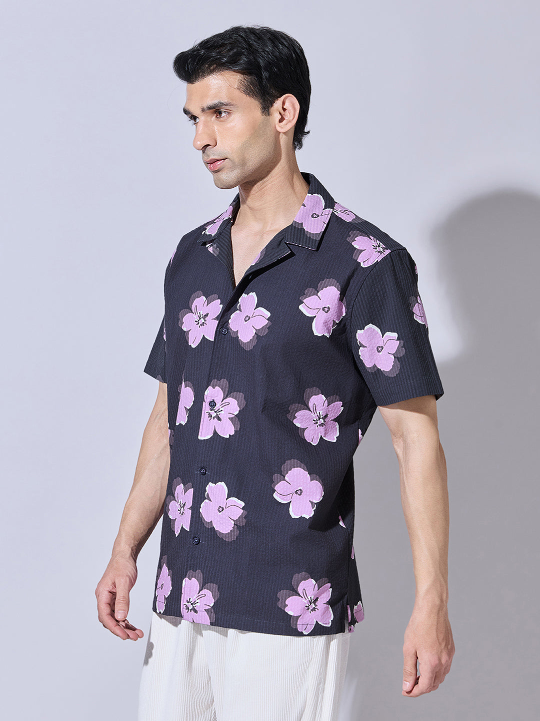 Men's Floral Print Black Cuban Collar Shirt