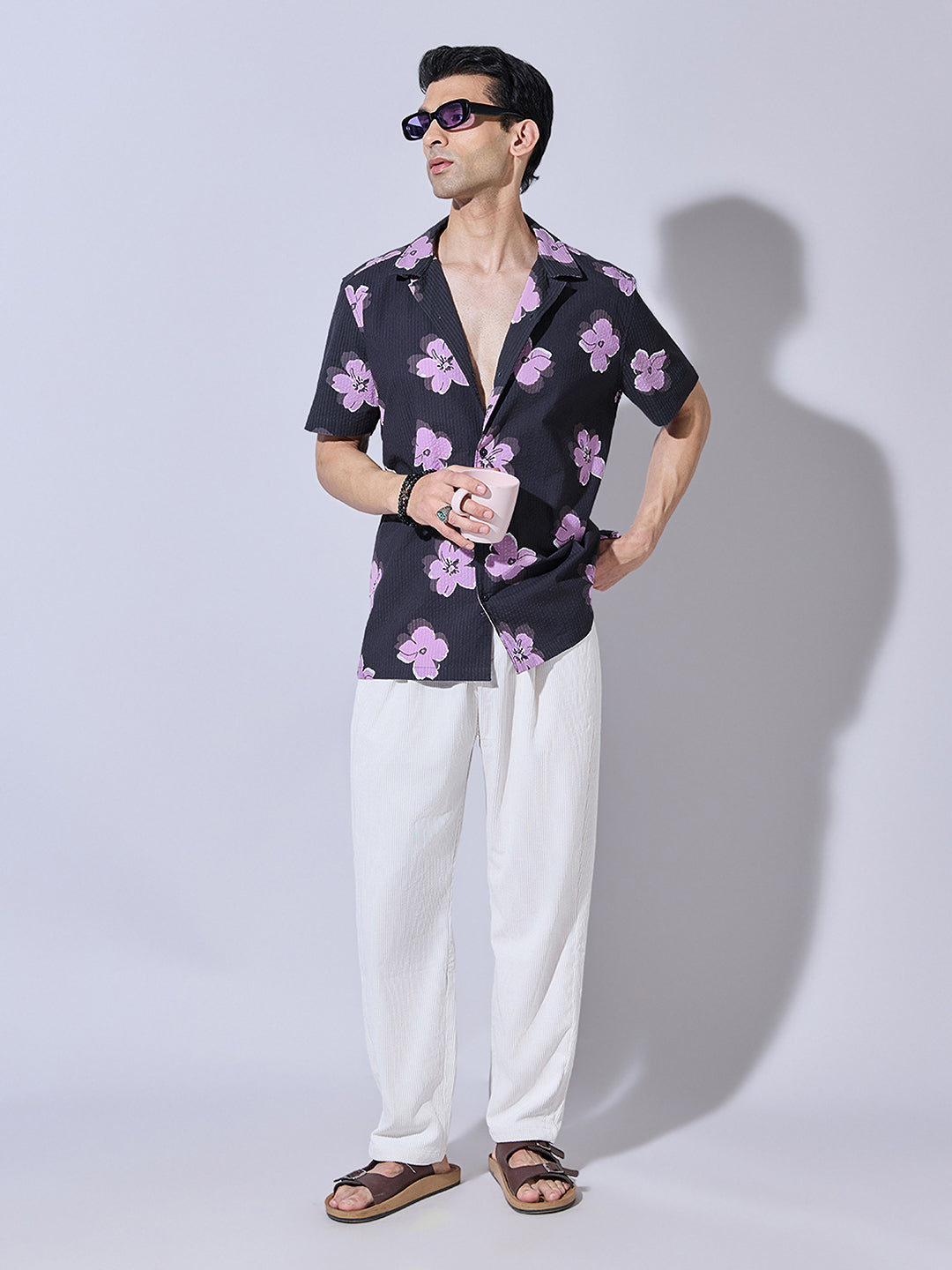 Men's Floral Print Black Cuban Collar Shirt