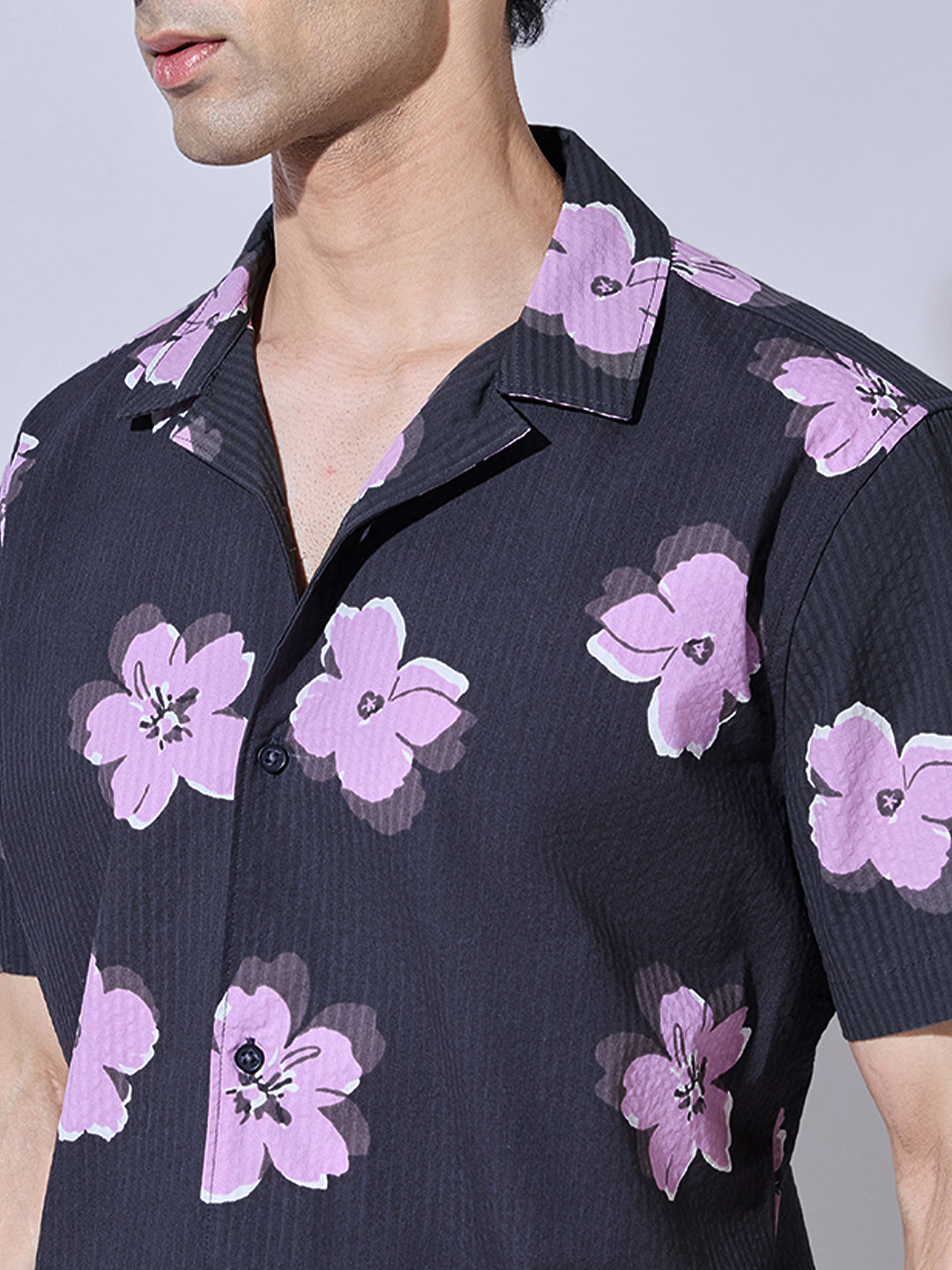 Men's Floral Print Black Cuban Collar Shirt