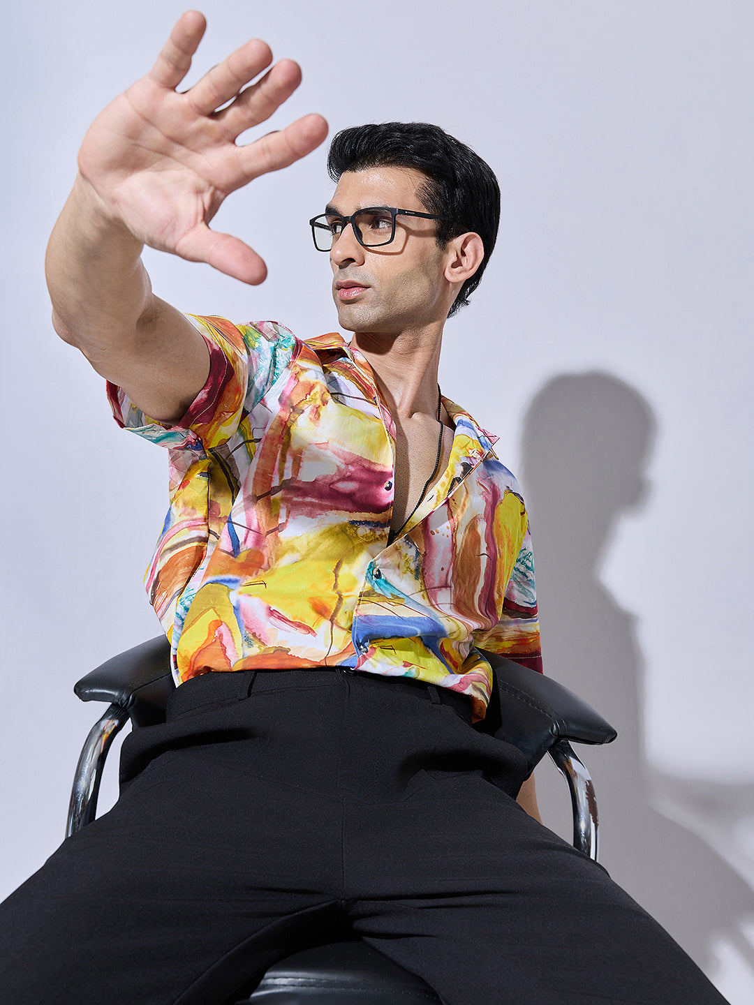 Men's Abstract Print Yellow Cuban Collar Shirt