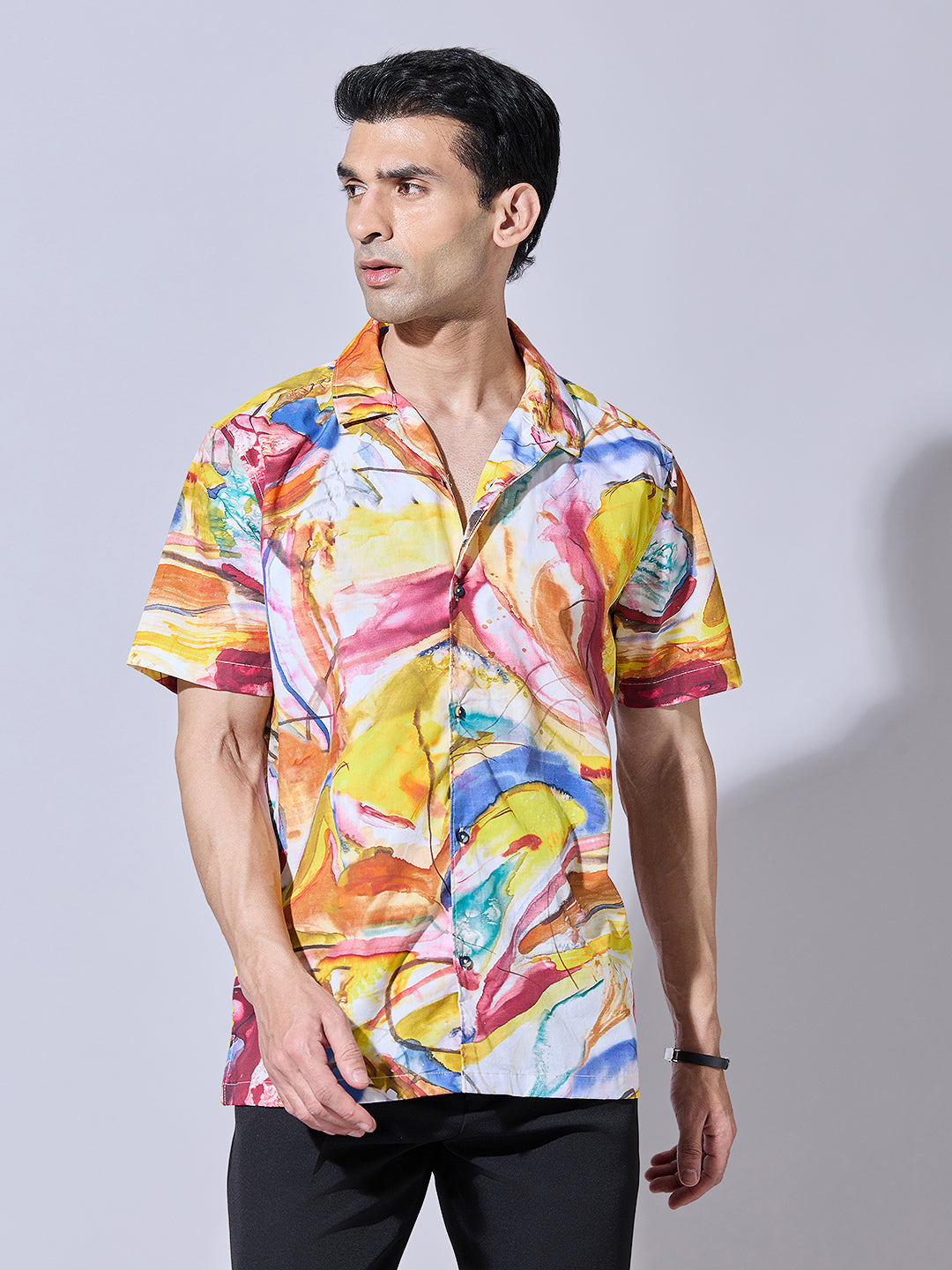 Men's Abstract Print Yellow Cuban Collar Shirt