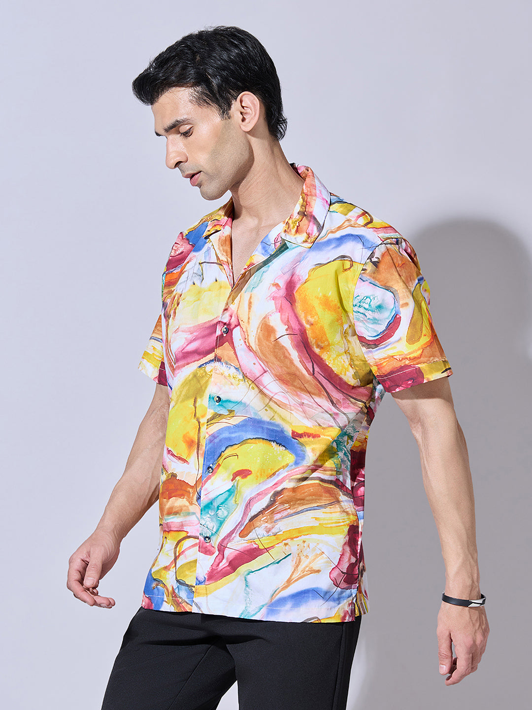 Men's Abstract Print Yellow Cuban Collar Shirt