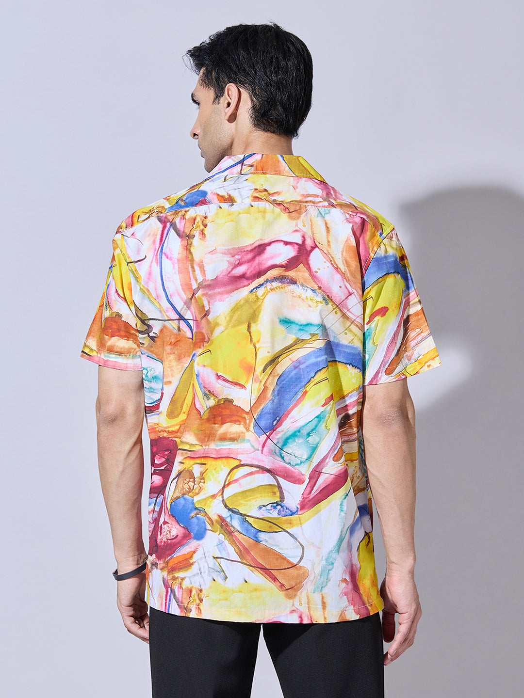 Men's Abstract Print Yellow Cuban Collar Shirt