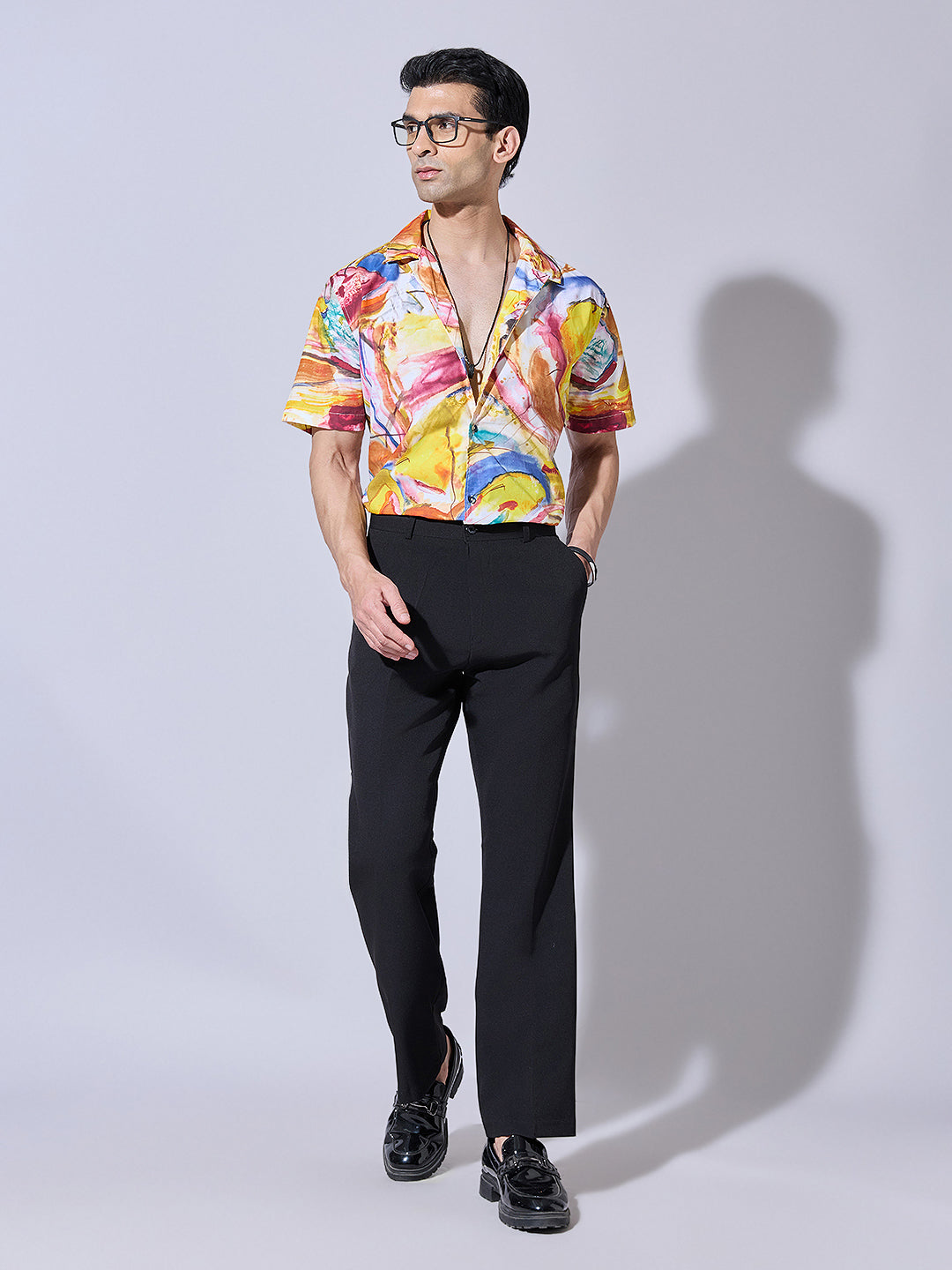 Men's Abstract Print Yellow Cuban Collar Shirt