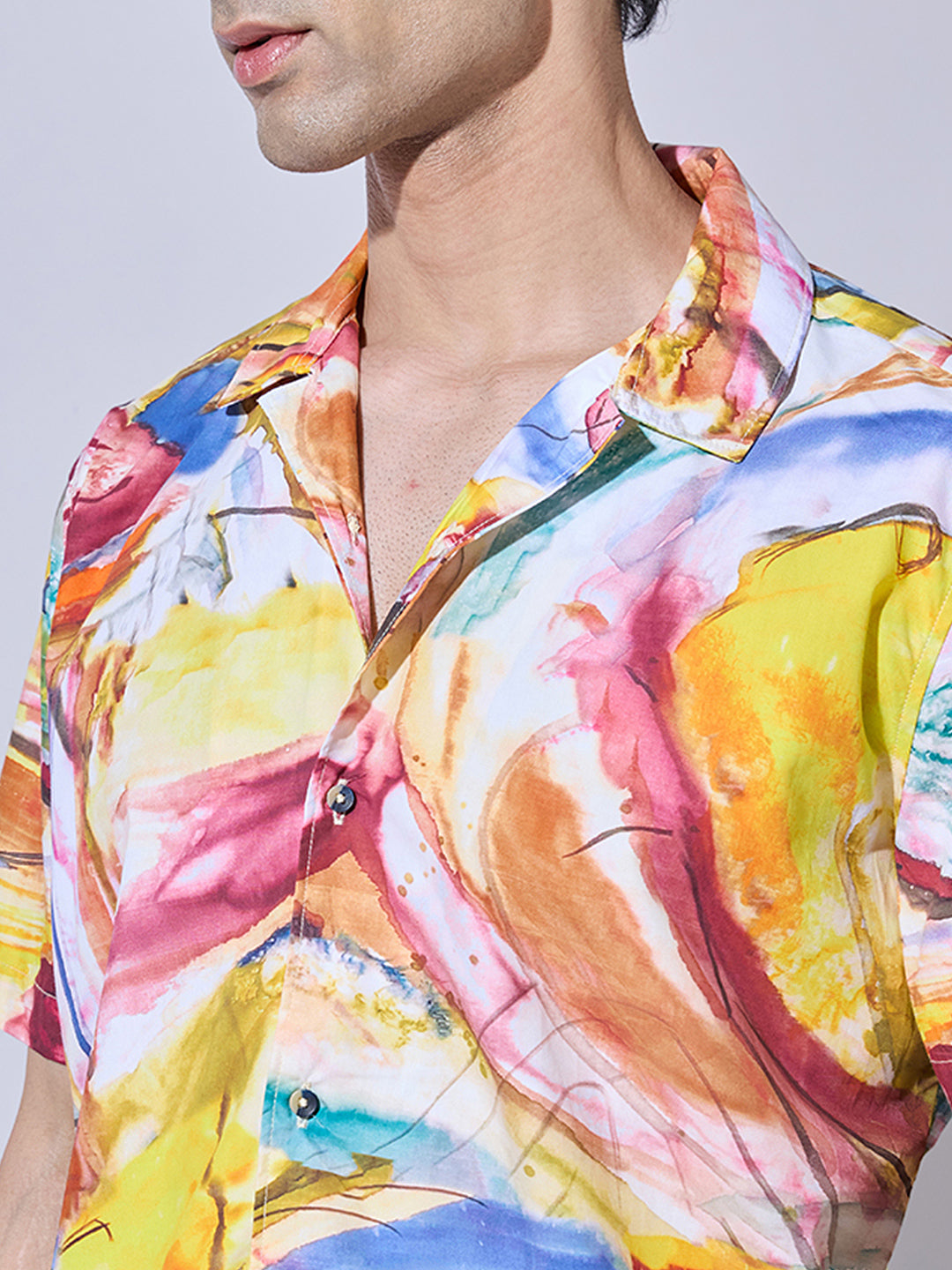 Men's Abstract Print Yellow Cuban Collar Shirt