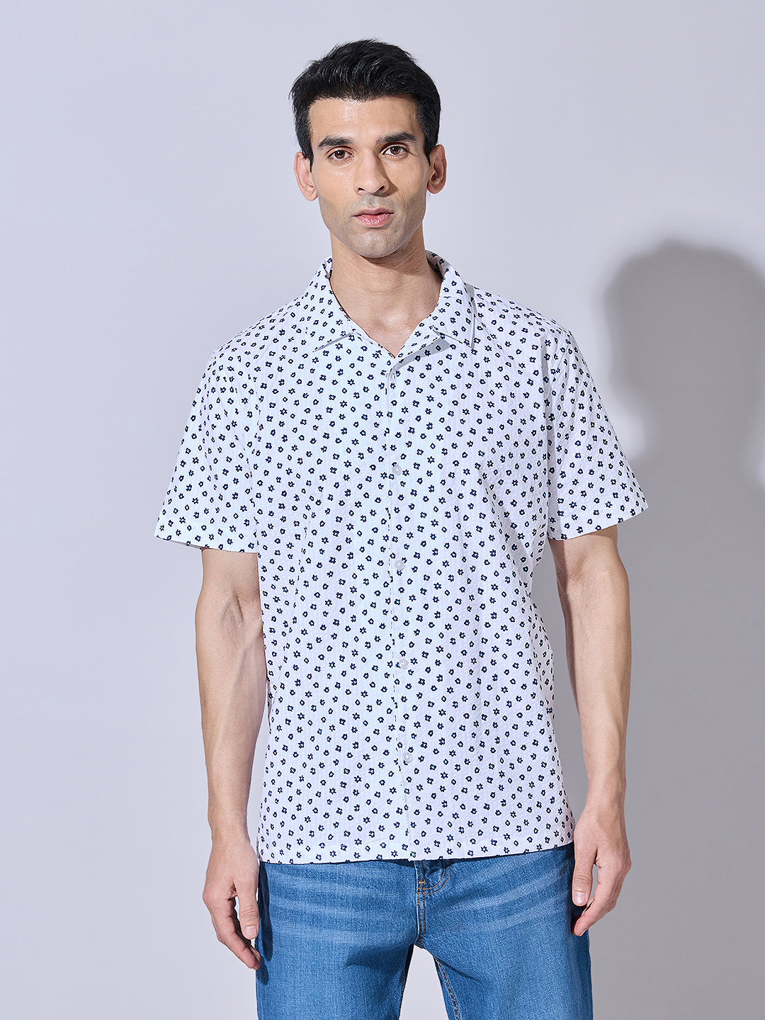 Men's Printed White Cuban Collar Shirt