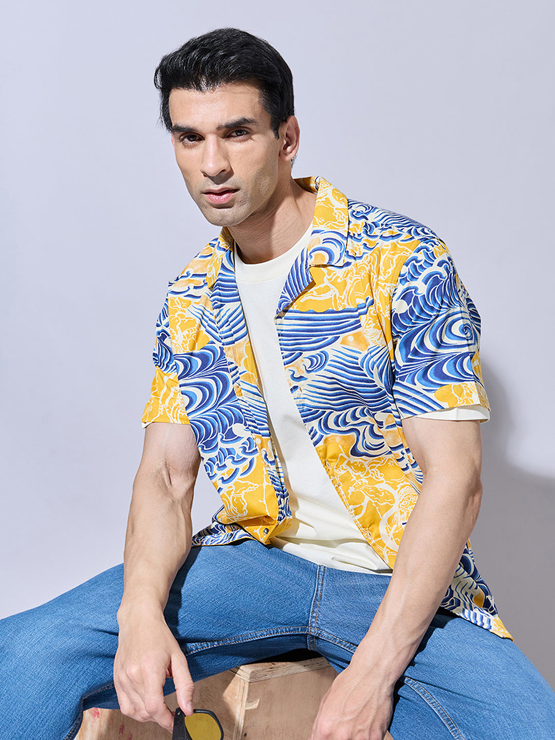Men's Graphic Print Yellow Cuban Collar Shirt