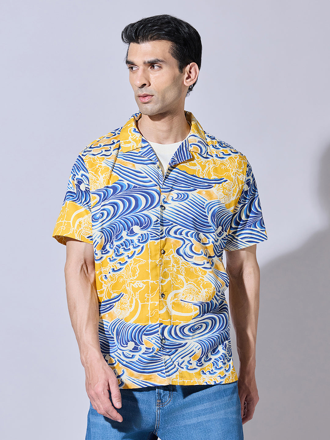 Men's Graphic Print Yellow Cuban Collar Shirt