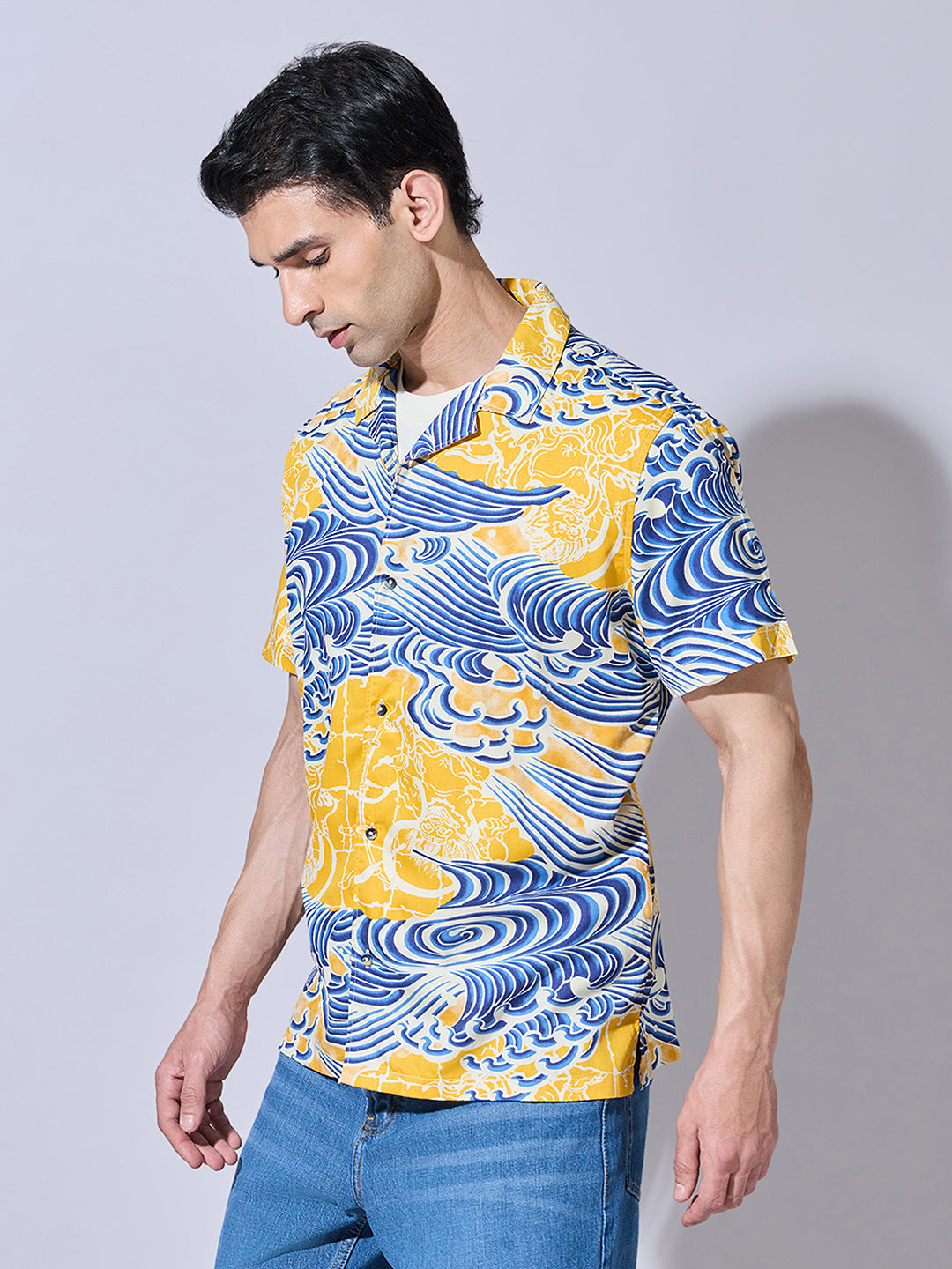 Men's Graphic Print Yellow Cuban Collar Shirt