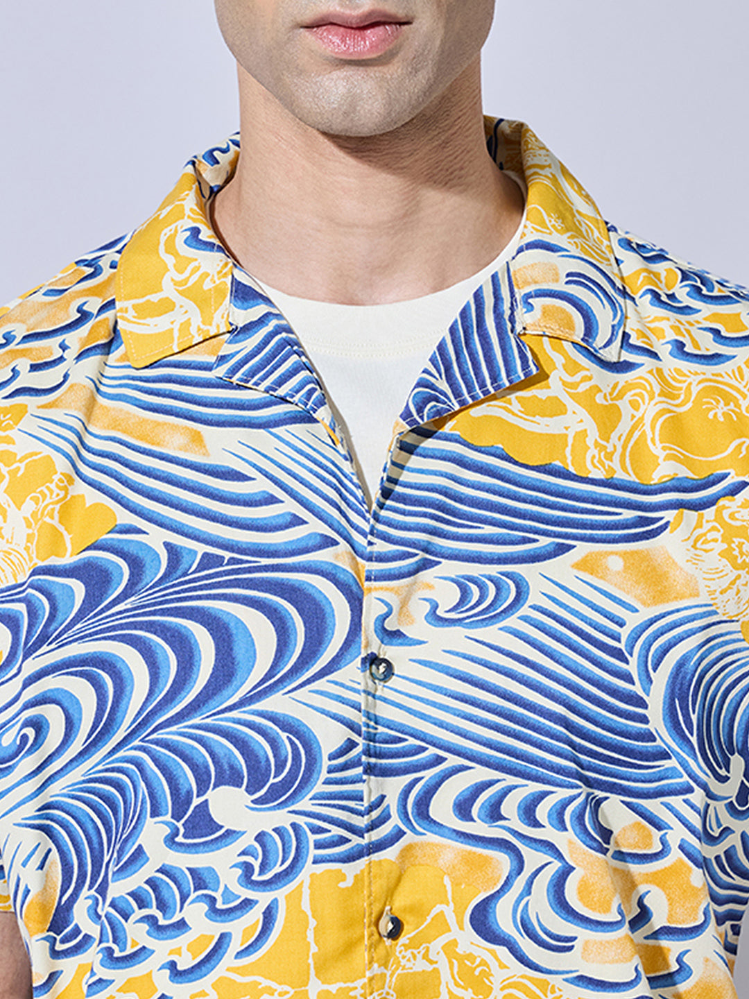 Men's Graphic Print Yellow Cuban Collar Shirt