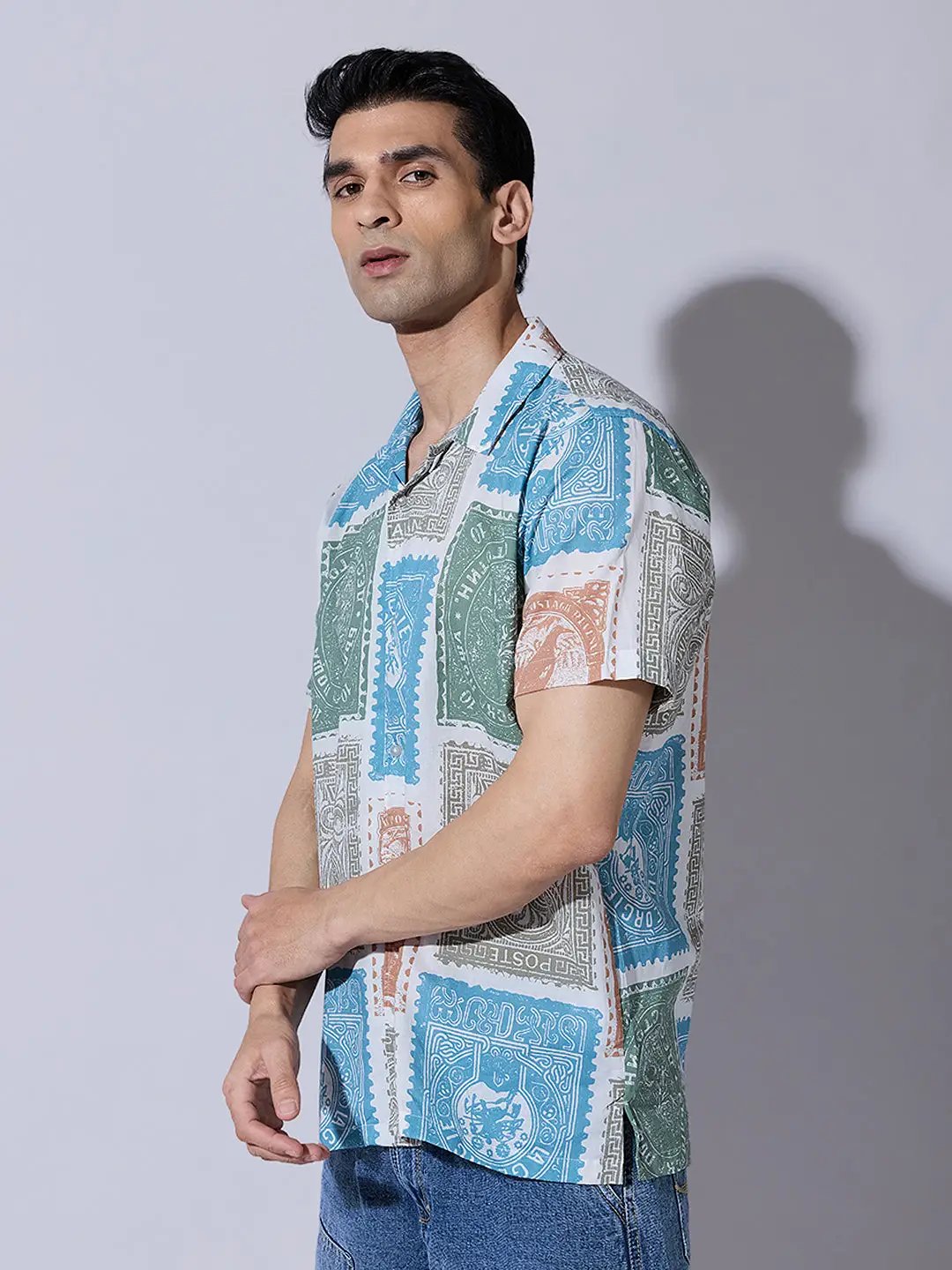 Men's Stamp Print Blue Cuban Collar Shirt - from SHOWOFFFF