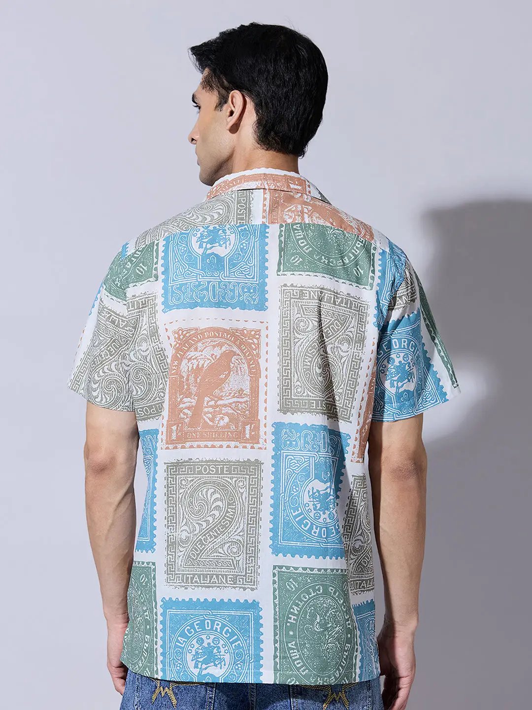 Men's Stamp Print Blue Cuban Collar Shirt - from SHOWOFFFF