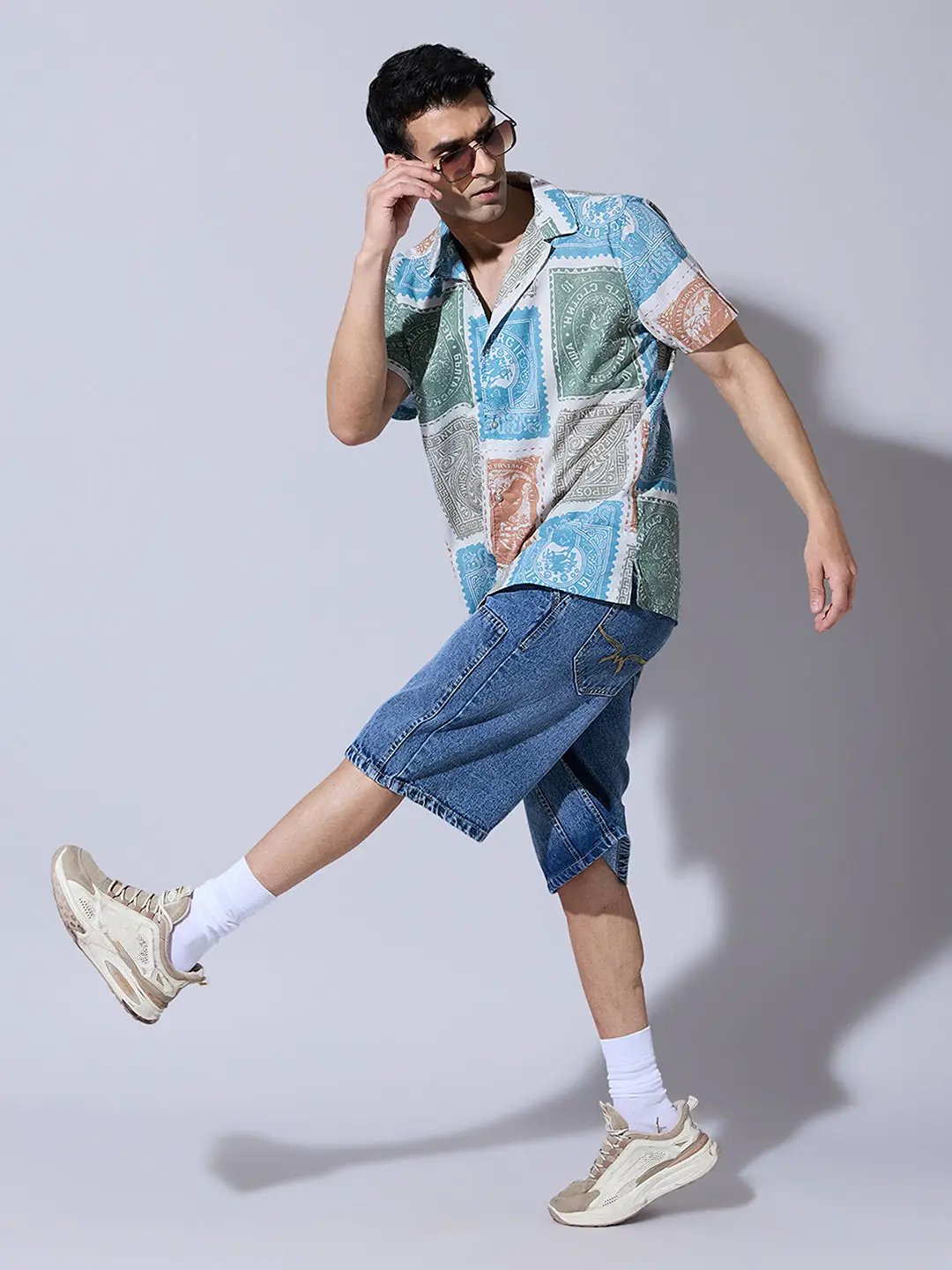 Men's Stamp Print Blue Cuban Collar Shirt - from SHOWOFFFF
