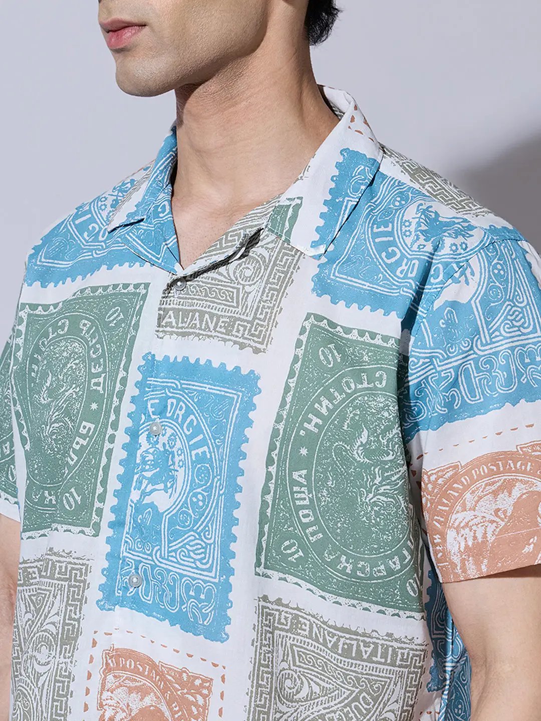 Men's Stamp Print Blue Cuban Collar Shirt - from SHOWOFFFF