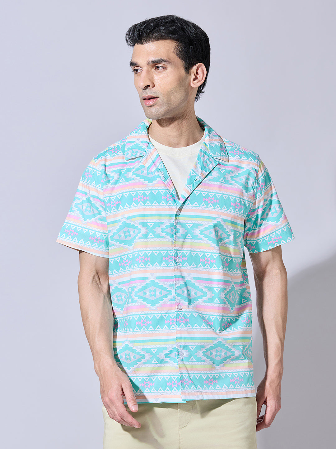 Men's Printed Blue Cuban Collar Shirt