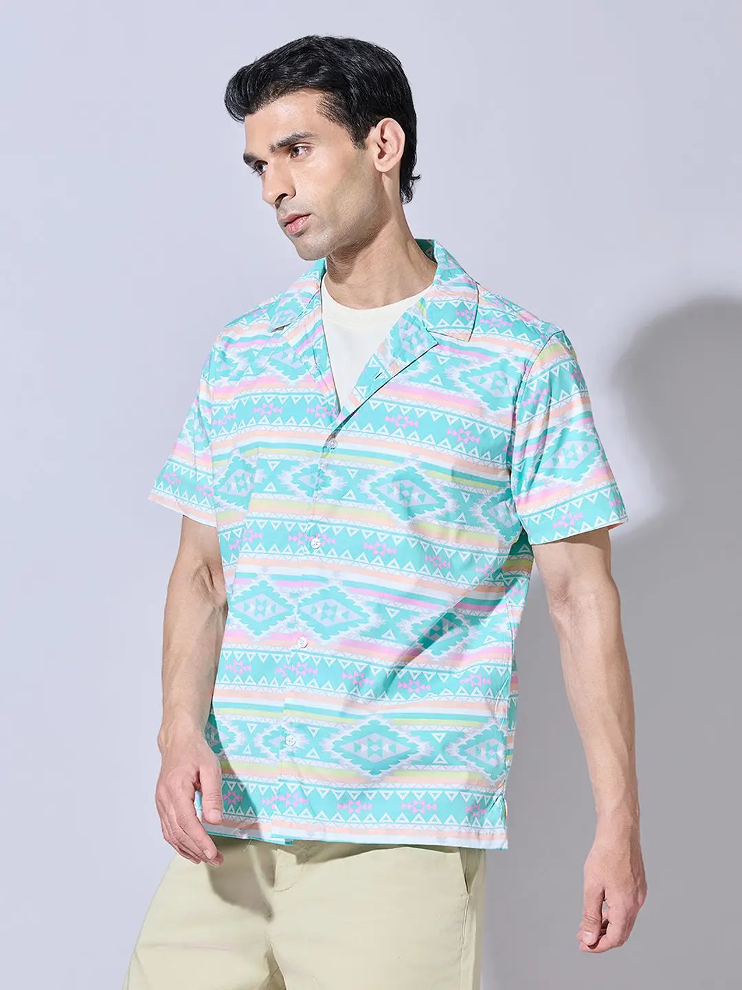 Men's Printed Blue Cuban Collar Shirt - from SHOWOFFFF