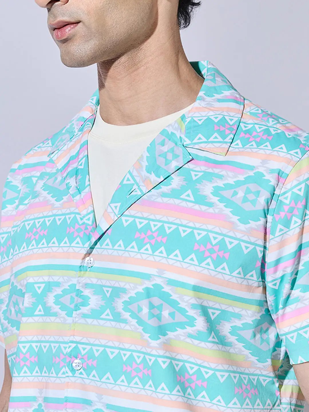 Men's Printed Blue Cuban Collar Shirt - from SHOWOFFFF