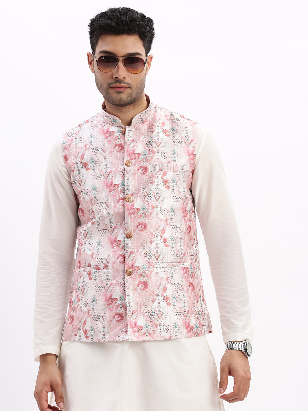 Men Printed Peach Nehru Jacket