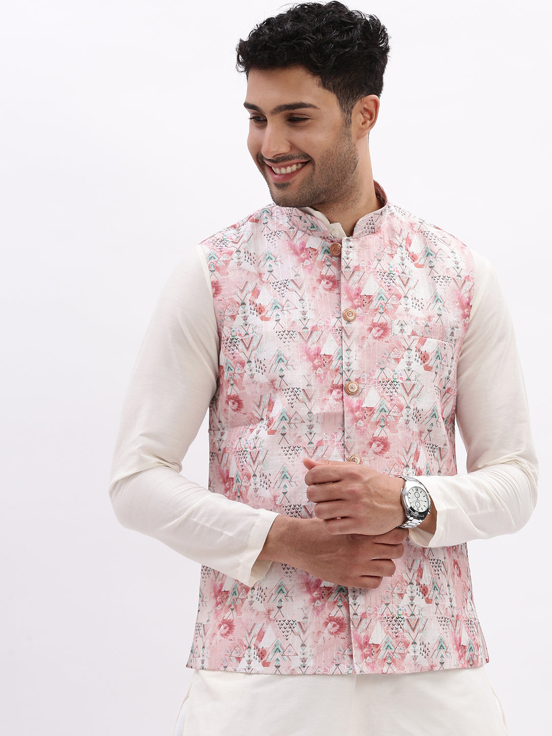 Men Printed Peach Nehru Jacket