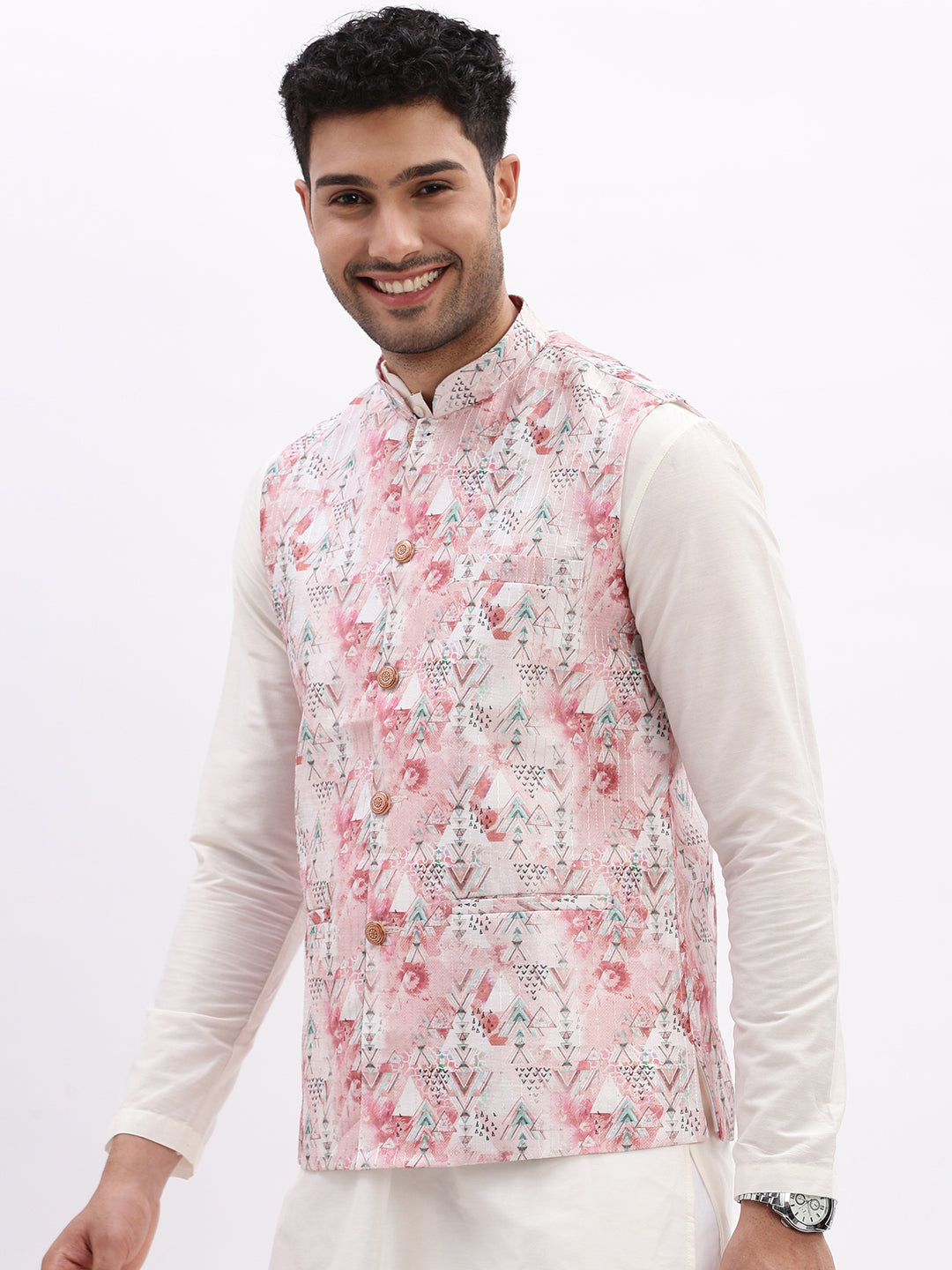 Men Printed Peach Nehru Jacket